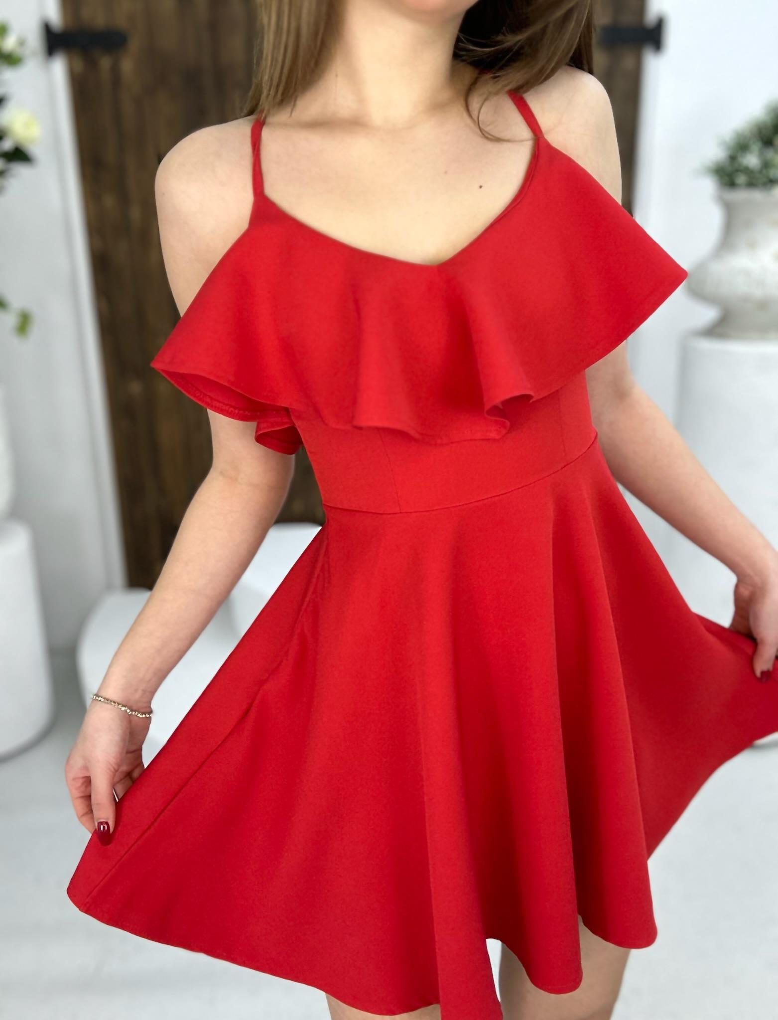 Atlas Kumaş Sırt Çapraz Volanlı Kırmızı Elbise