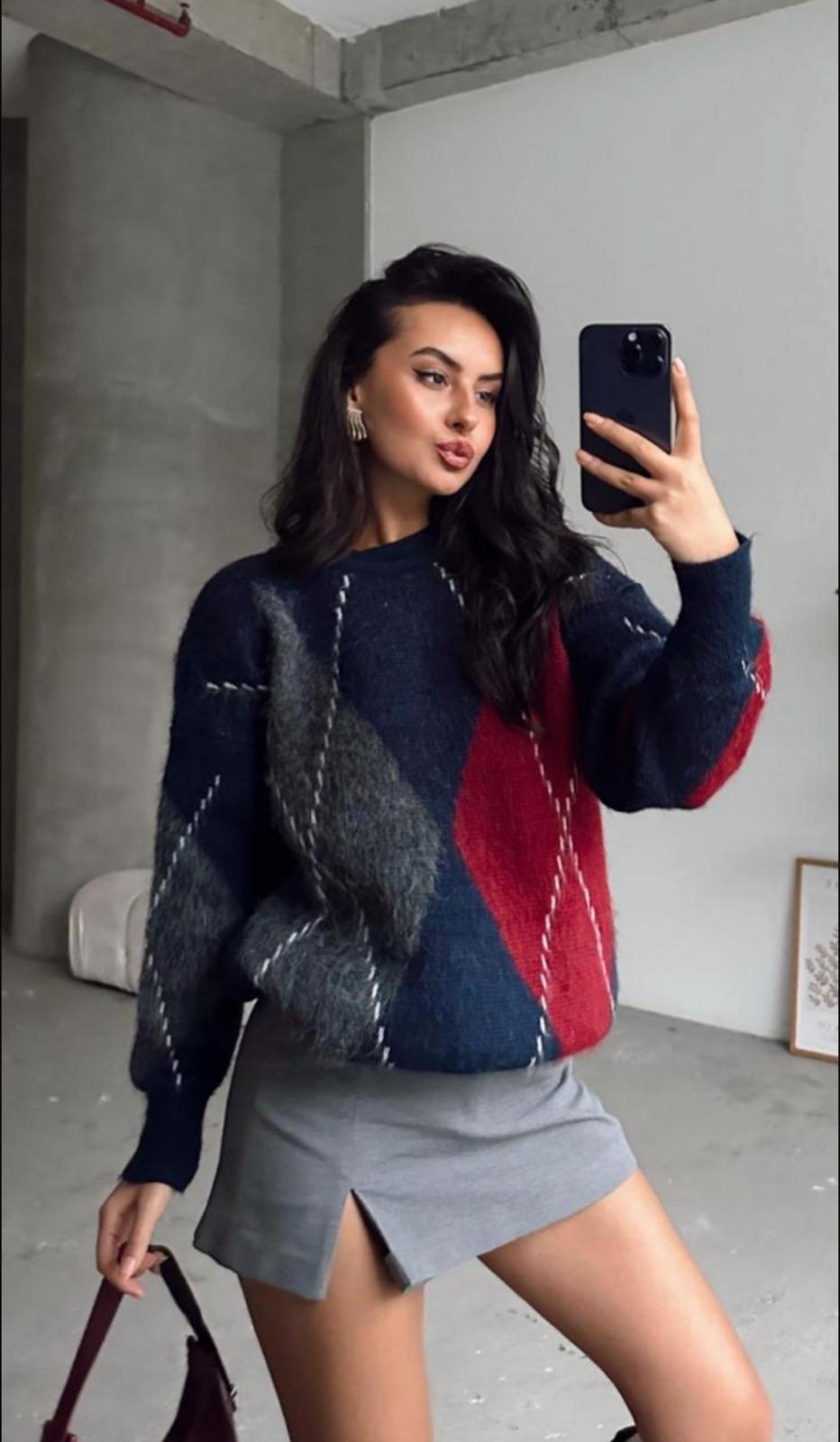 Baklava Desen Sakallı Triko Kazak Lacivert