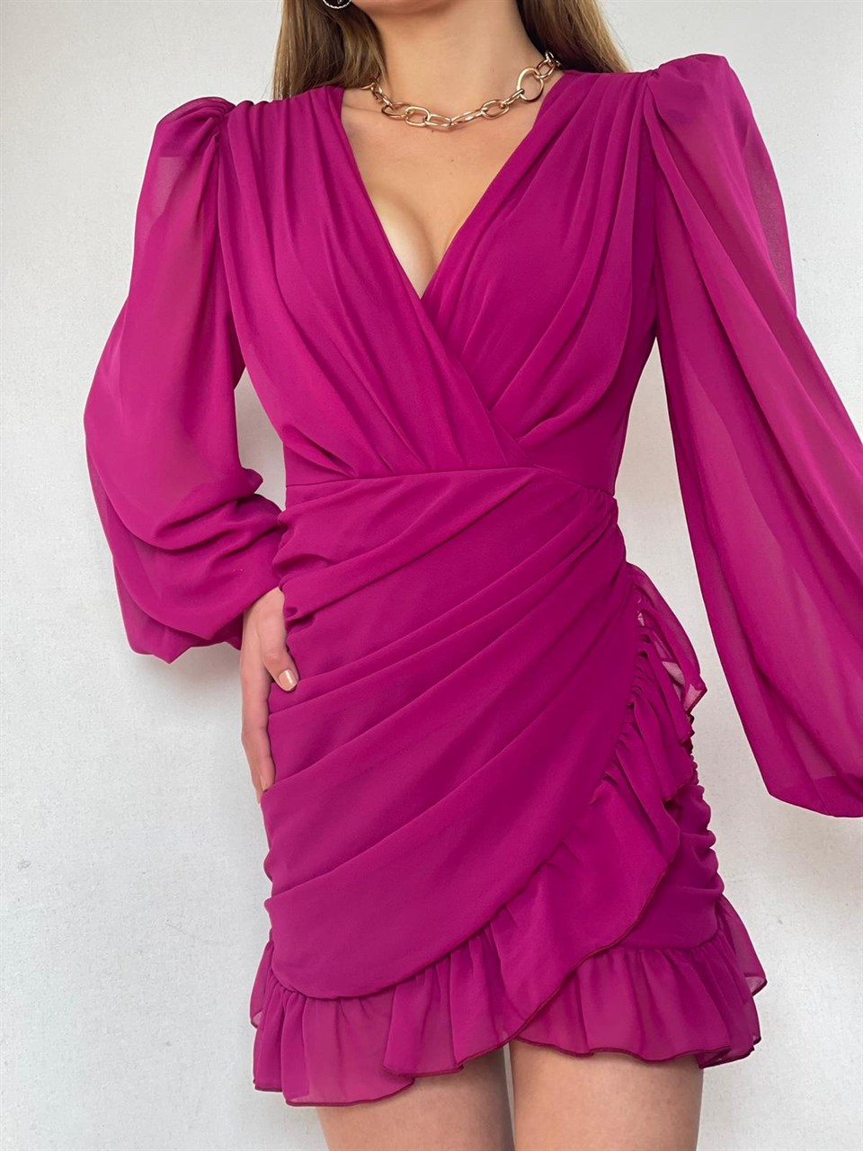 Balon-Kol-Drapeli-Fırfırlı-Tasarım-Elbise