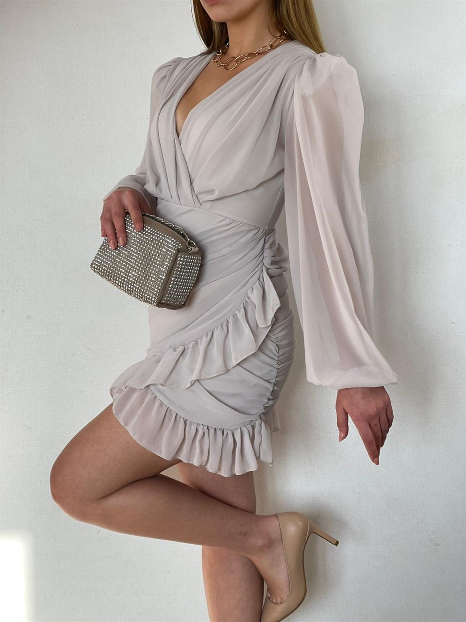 Balon-Kol-Drapeli-Fırfırlı-Tasarım-Elbise