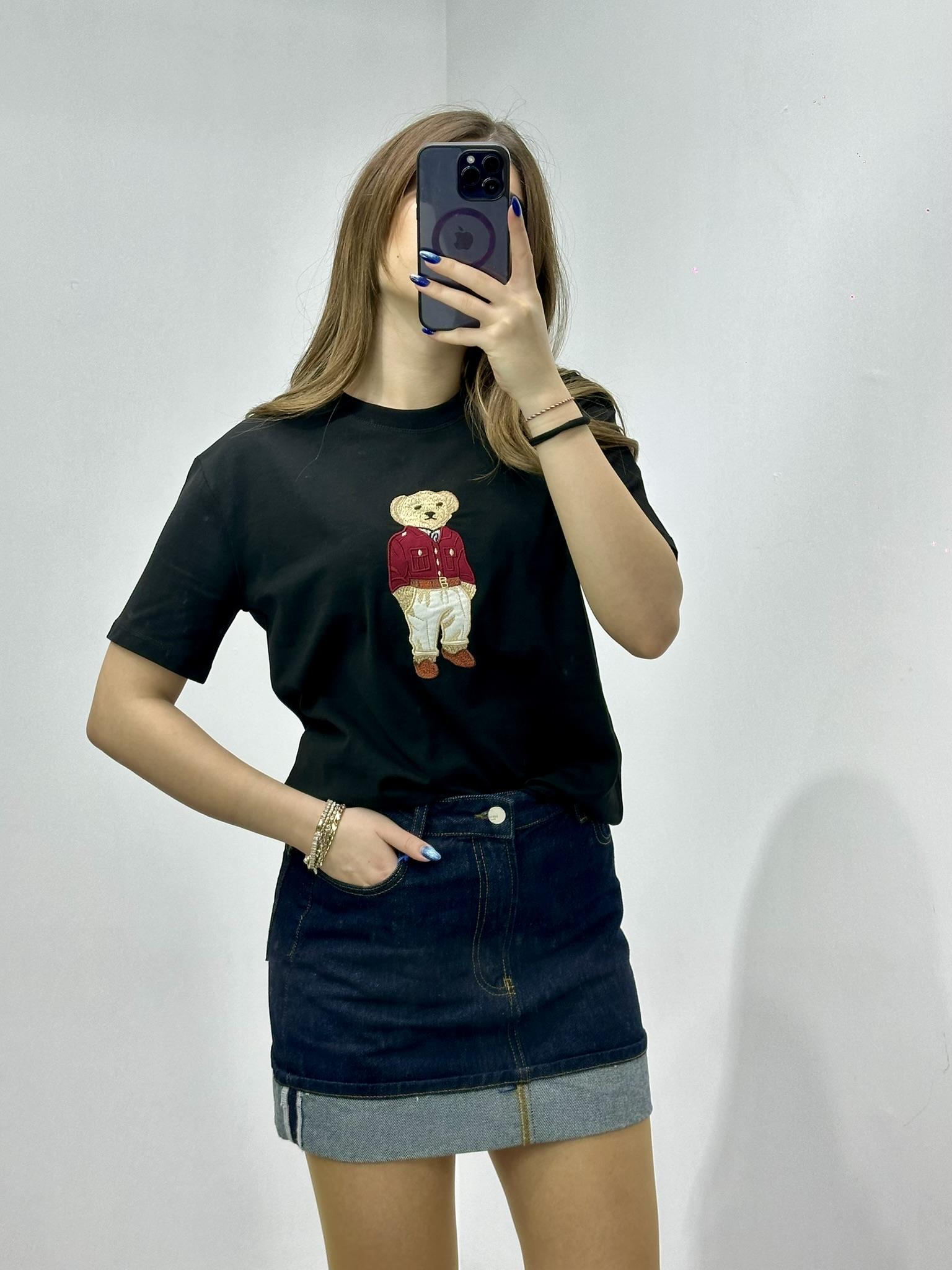 Bear Desenli Nakış Detaylı Rahat Kalıp Premium Tshirt Siyah
