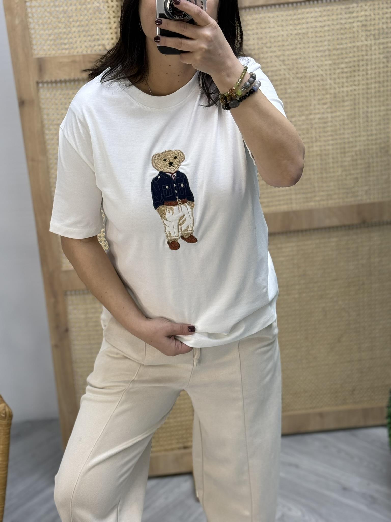 Bear Desenli Nakış Detaylı Rahat Kalıp Premium Tshirt Beyaz