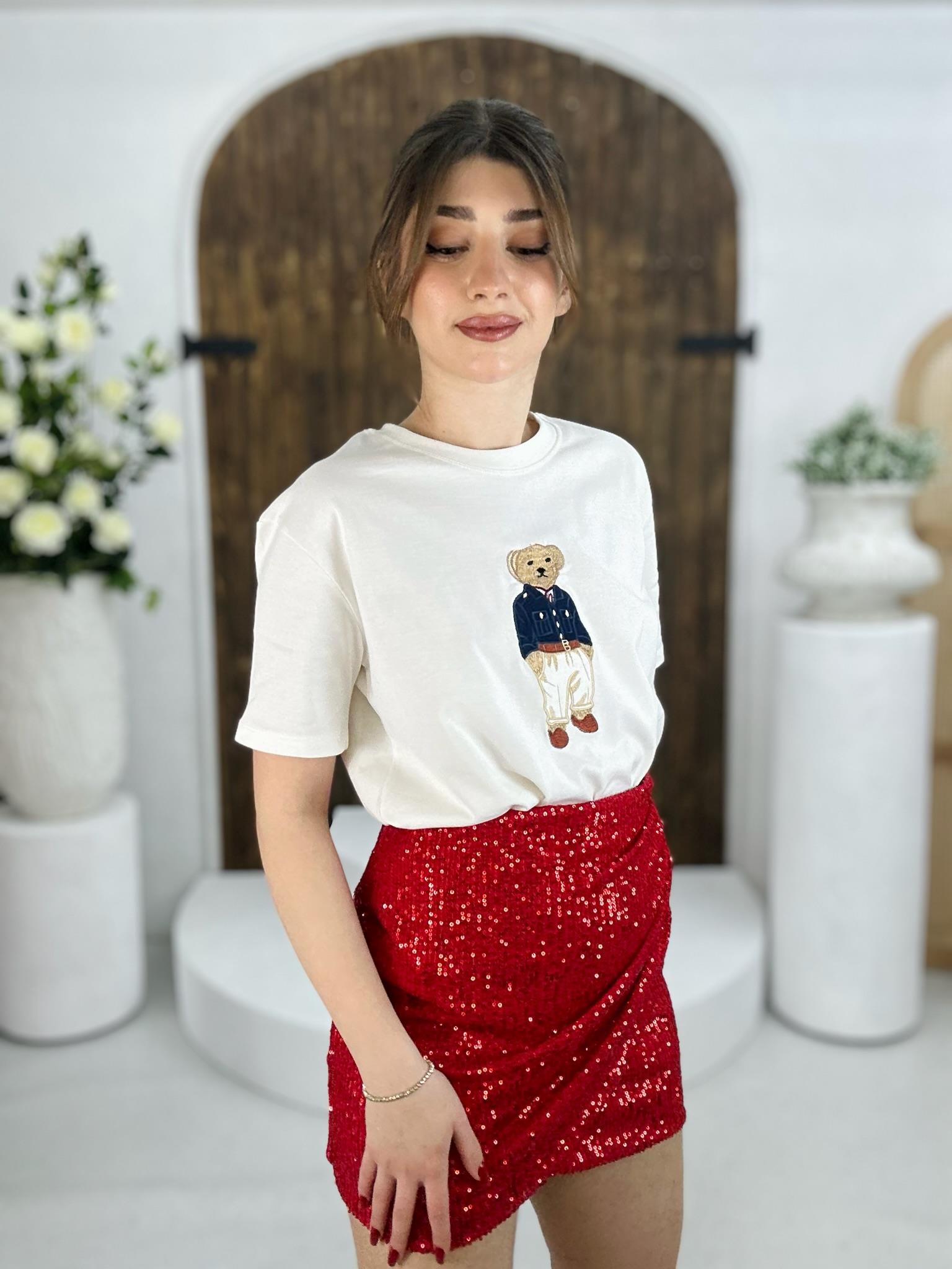 Bear Desenli Nakış Detaylı Rahat Kalıp Premium Tshirt Beyaz