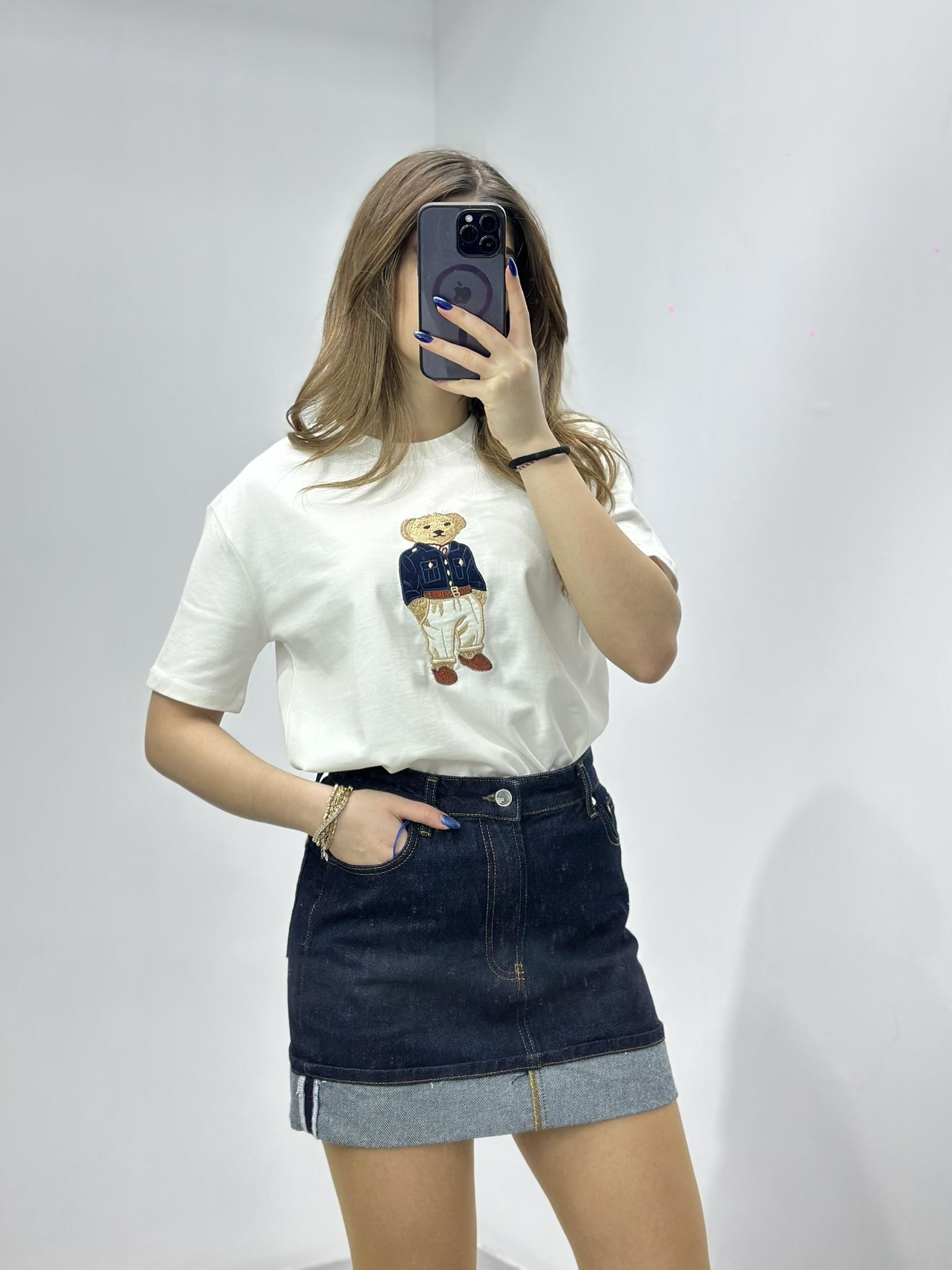 Bear Desenli Nakış Detaylı Rahat Kalıp Premium Tshirt Beyaz