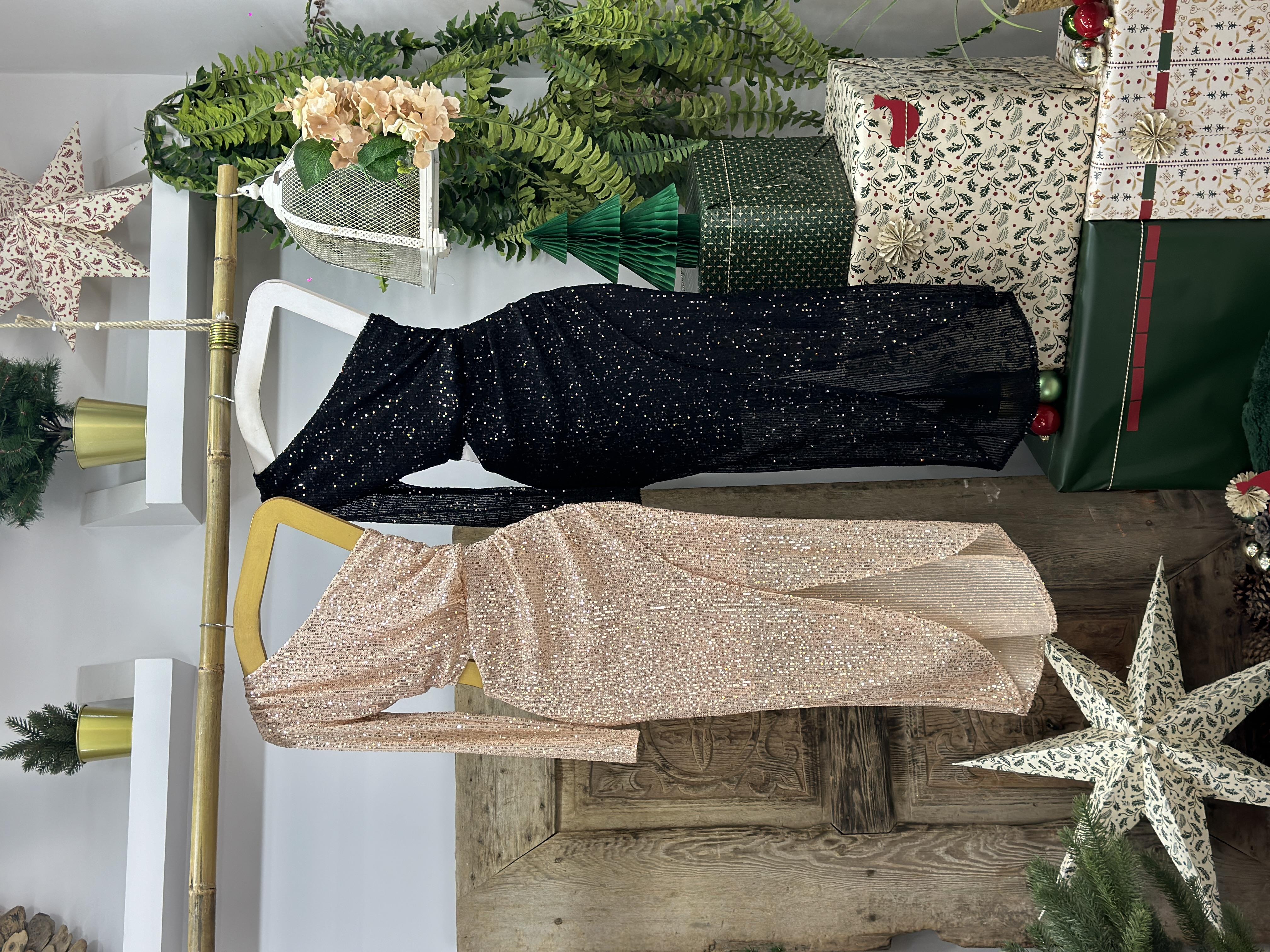 Bel Dekolte Zarf Etekli Midi Boy Payet Elbise