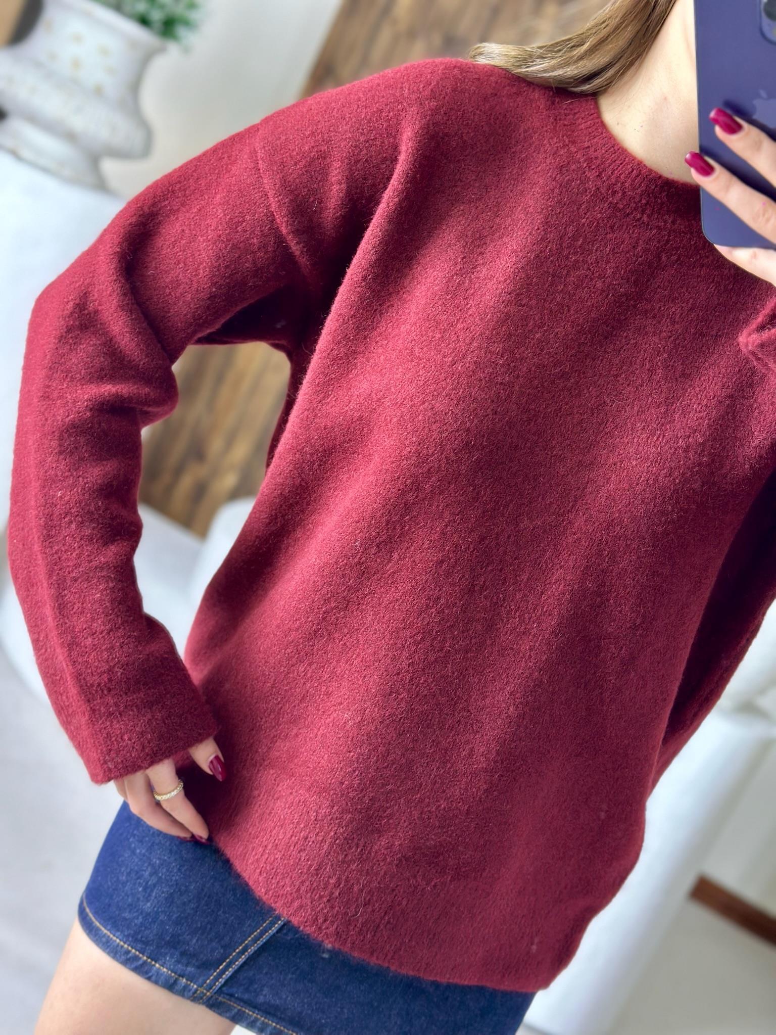 Bisiklet Yaka Yumuşak Dokulu Yün Karışımlı Kazak Bordo