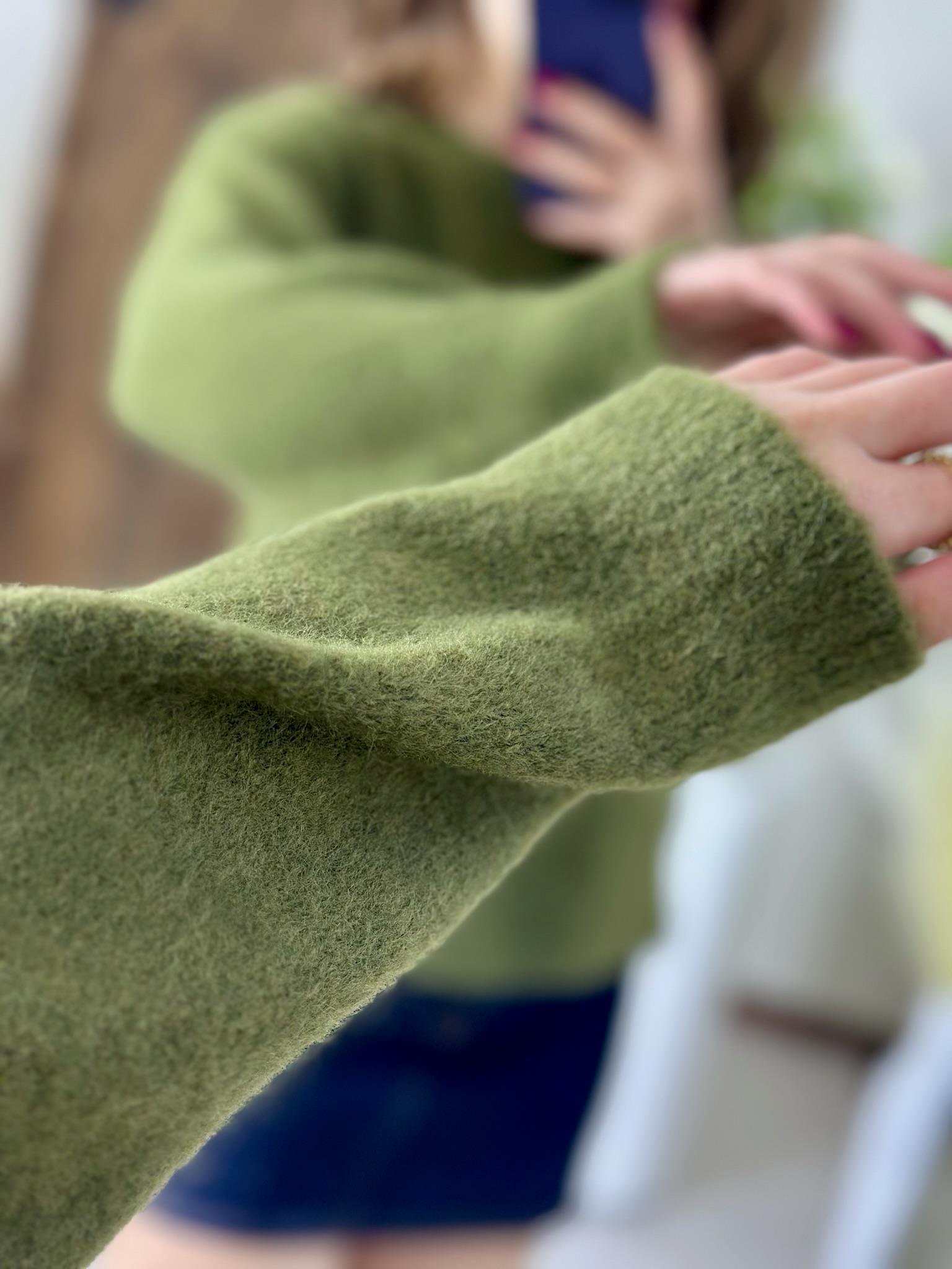 Bisiklet Yaka Yumuşak Dokulu Yün Karışımlı Kazak Haki