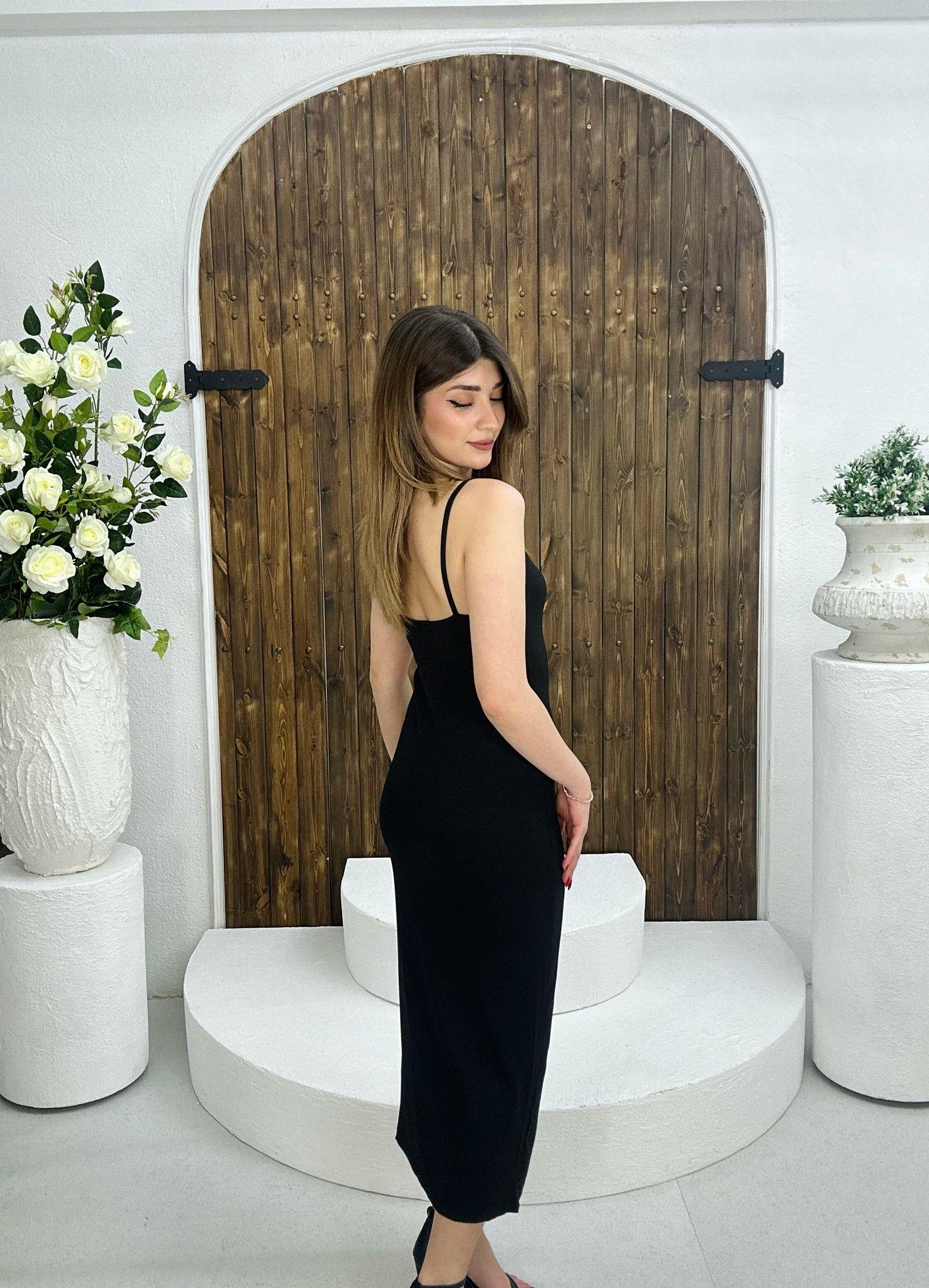 Burgu Kaşkorse Kumaş Askılı Basic Midi Boy Elbise 