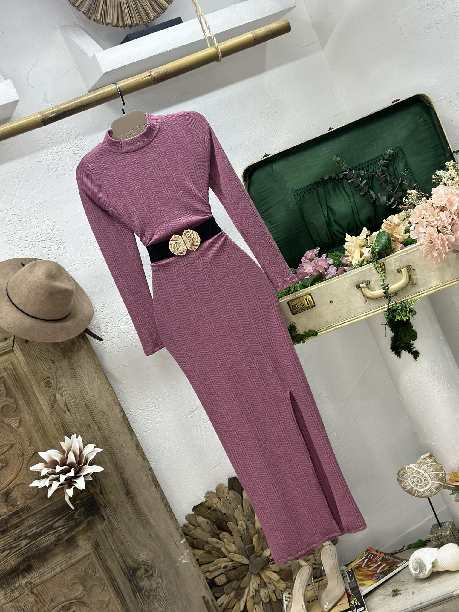 Burgu Kumaş Yan Yırtmaçlı Pembe Uzun Elbise