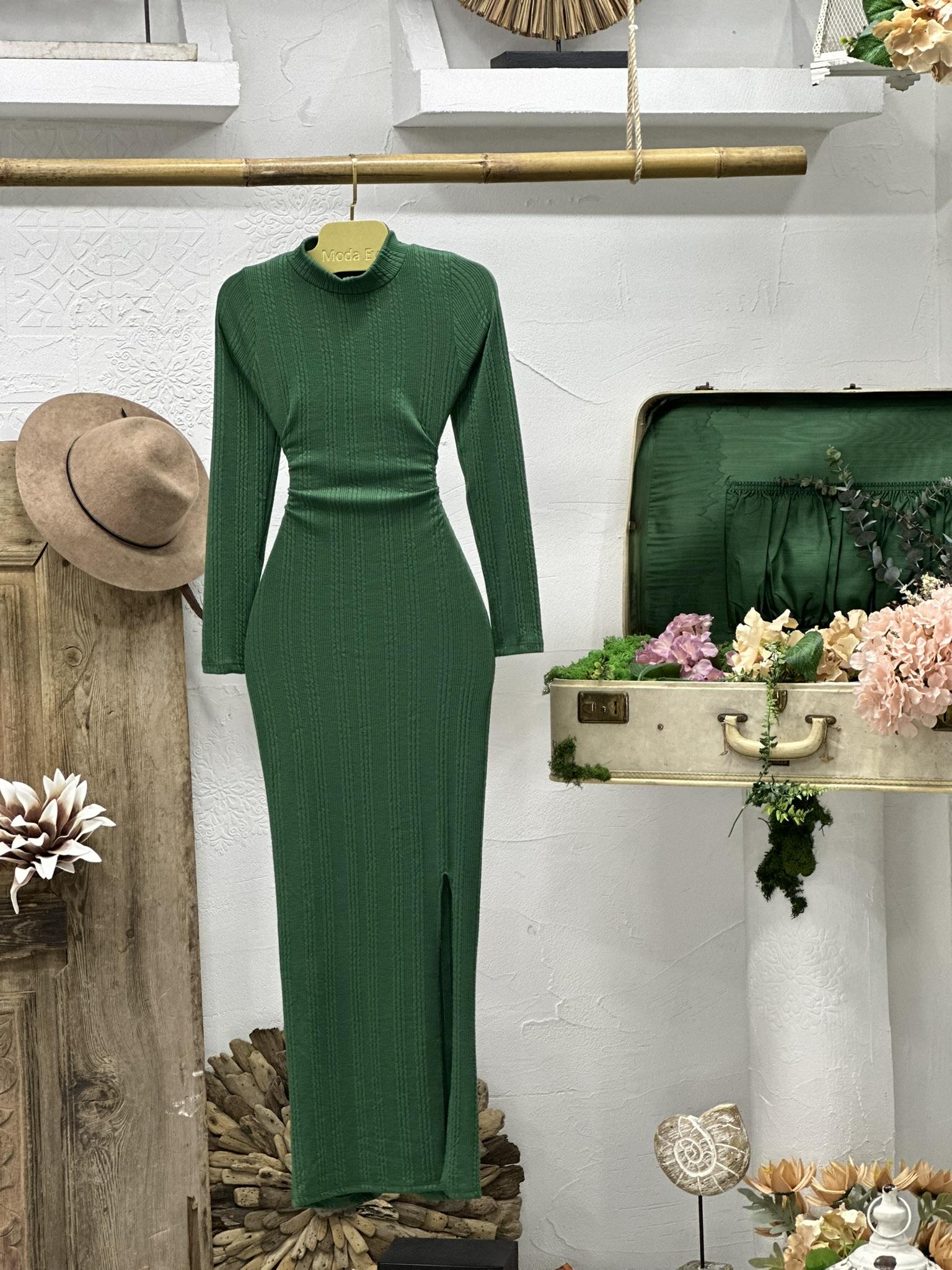 Burgu Kumaş Yan Yırtmaçlı Yeşil  Uzun Elbise