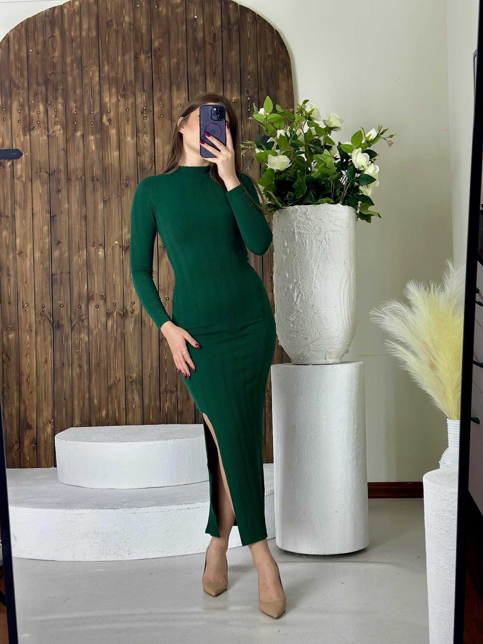 Burgu Kumaş Yan Yırtmaçlı Yeşil  Uzun Elbise