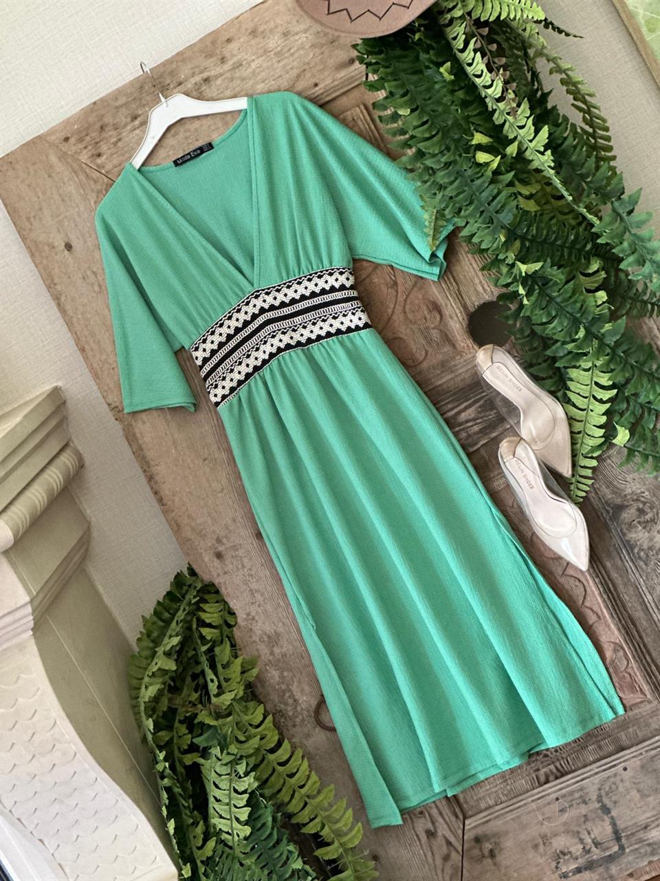 Bürümcük Kumaş Bel Örme Detaylı Rahat Midi Elbise