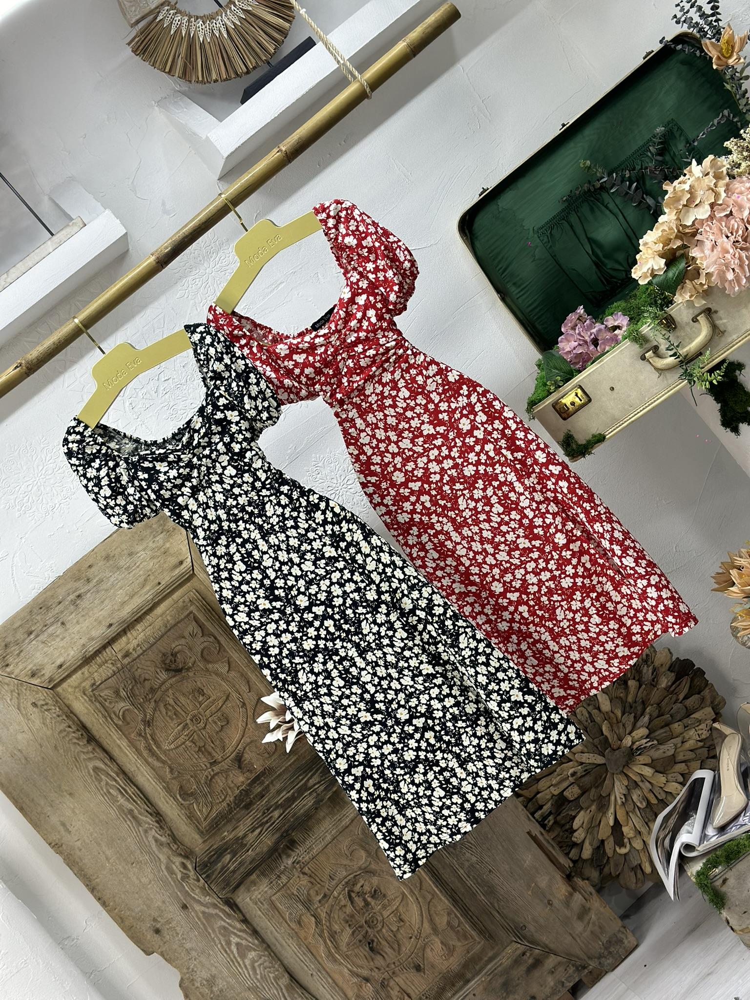 Bürümcük Kumaş Çiçek Desen Göğüs Büzgülü Sırt Gipeli Midi Boy Elbise