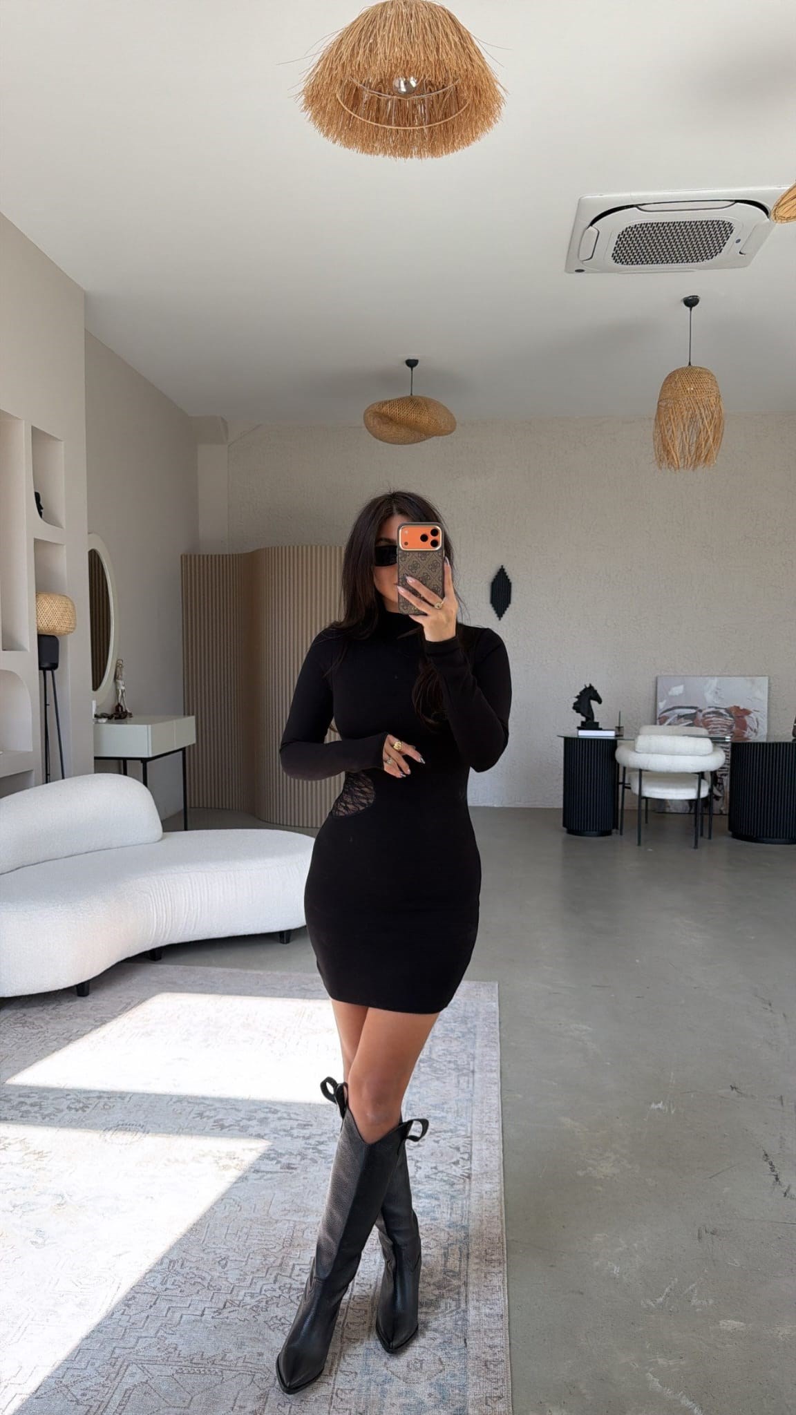 Çelik Triko Beli Dantelli Siyah Mini Elbise