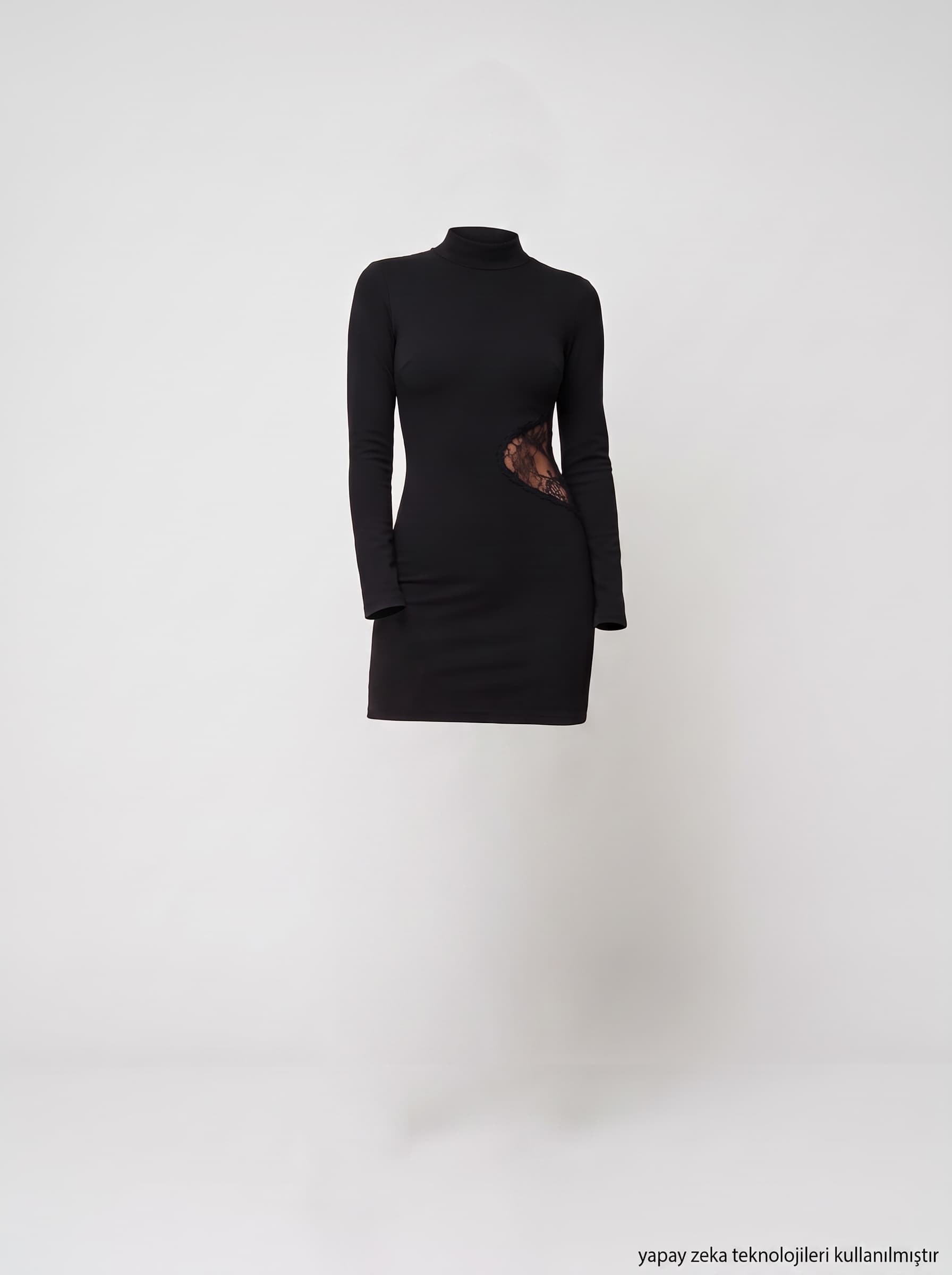 Çelik Triko Beli Dantelli Siyah Mini Elbise