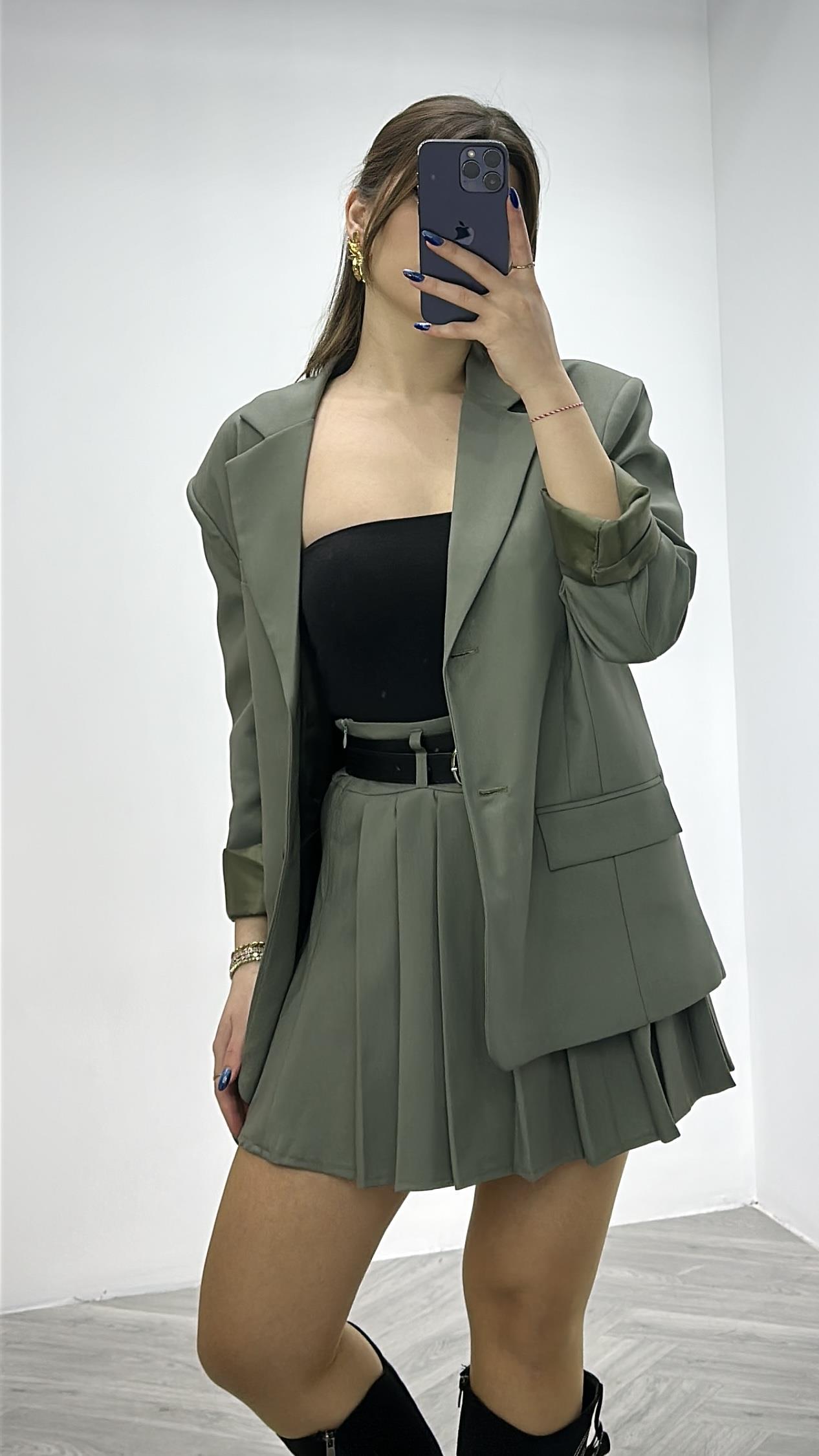 Çift Düğmeli Astarlı Oversize Poliviskon Blazer Ceket  Haki