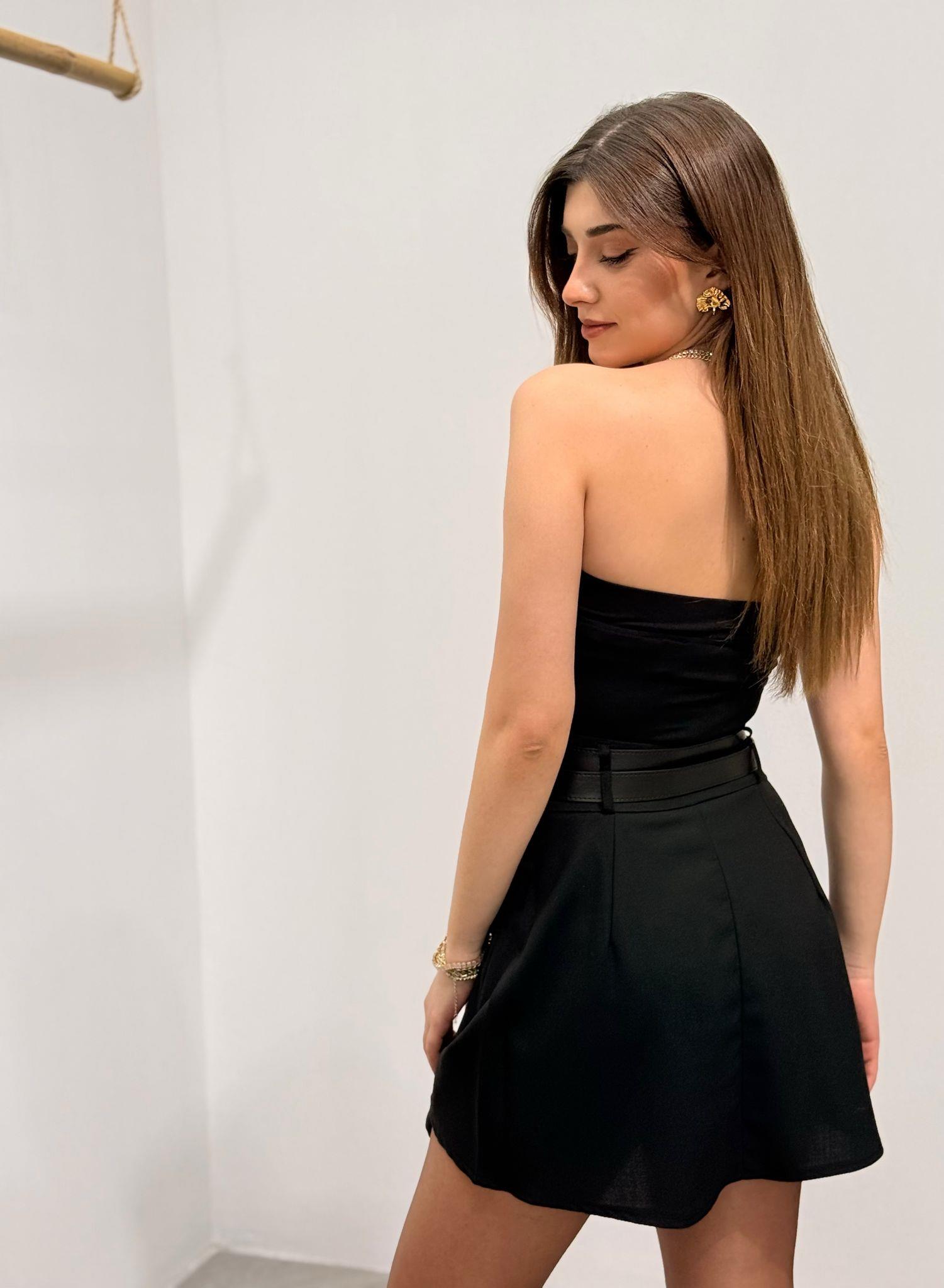 Çift Kemerli Pileli Etek Siyah
