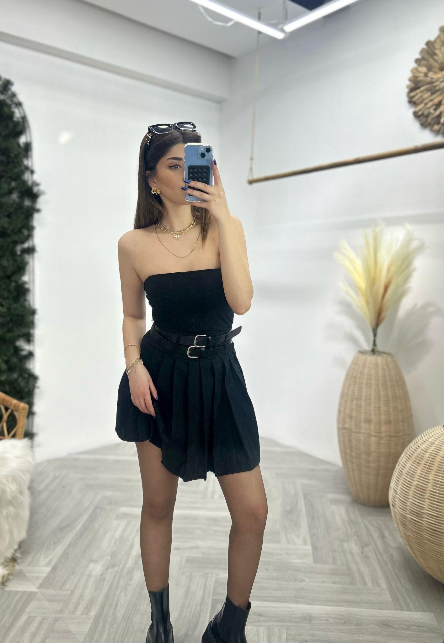 Çift Kemerli Pileli Etek Siyah