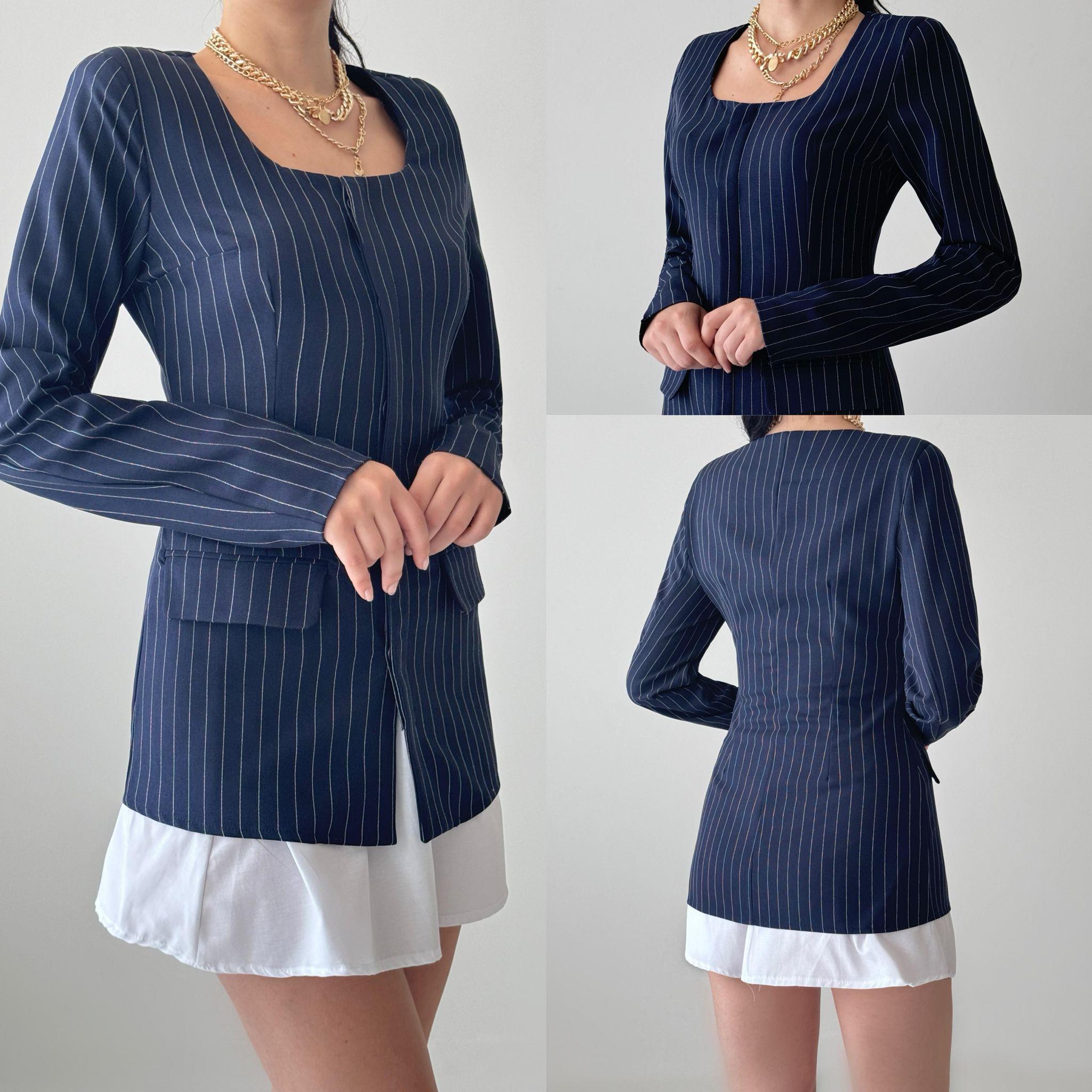 Çizgi Desen Garnili Lacivert Ceket Elbise