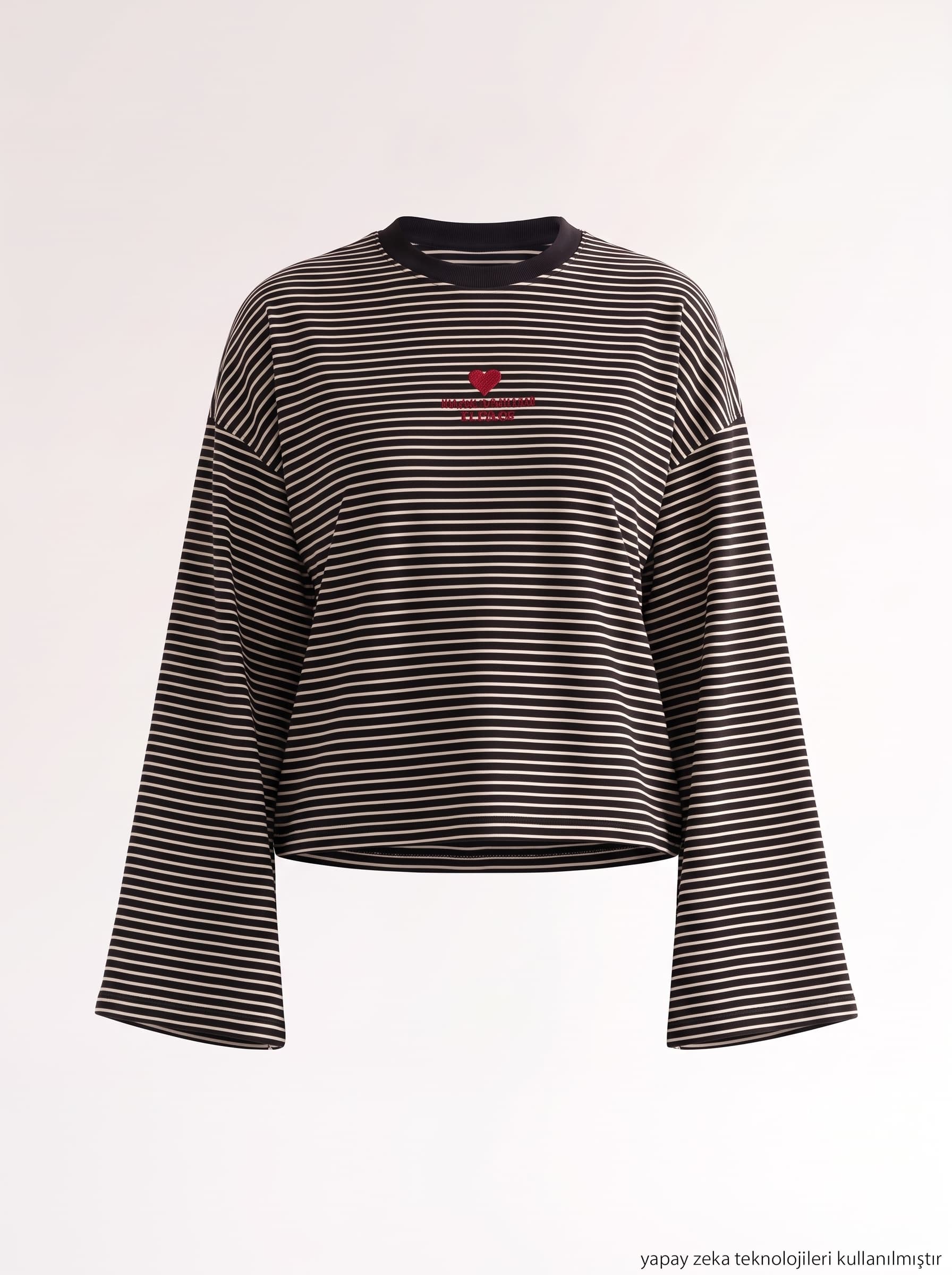 Çizgi Desen Nakışlı Süprem T-shirt Siyah