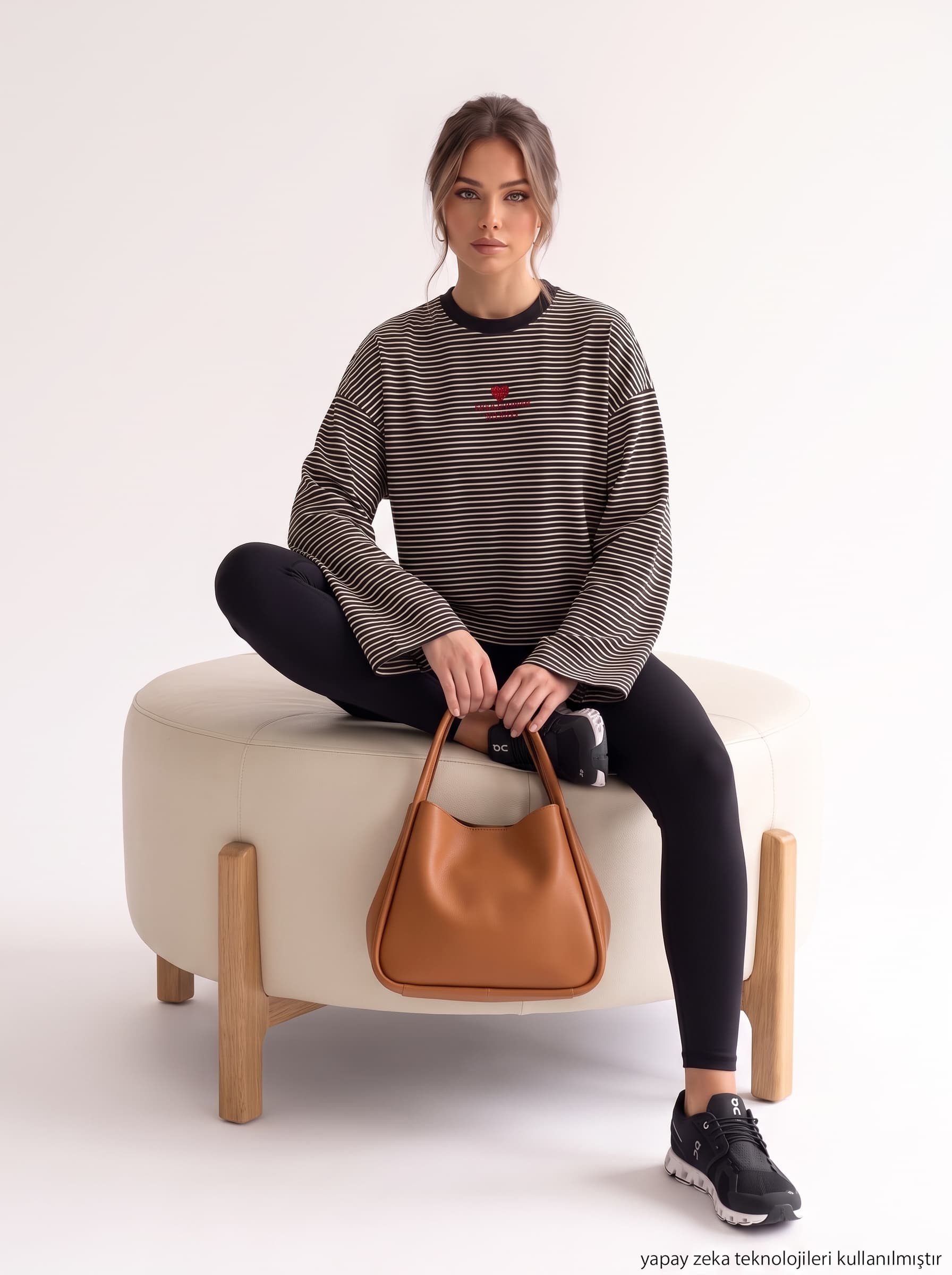 Çizgi Desen Nakışlı Süprem T-shirt Siyah