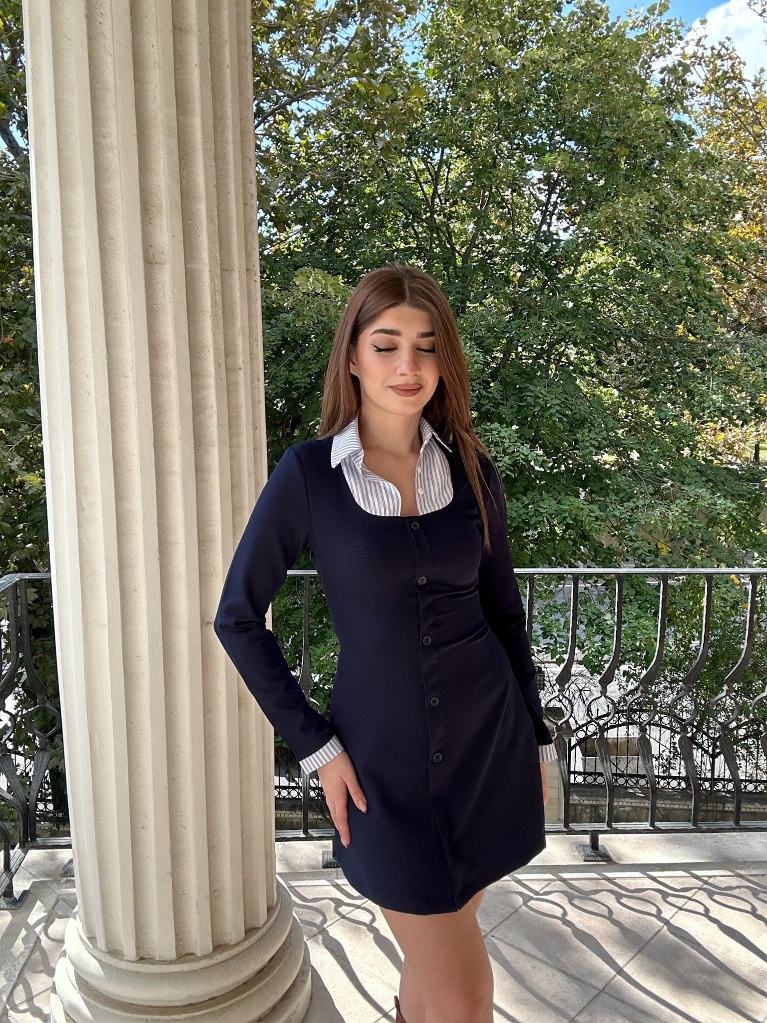 Çizgi Garnili Crep Kumaş Yaka Gömlek Detay Mini  Elbisemiz