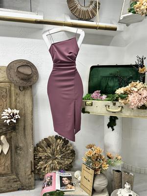 Crep Dokuma Kumaş Asimetrik Kesim Kalem Elbisemiz Gül Kurusu