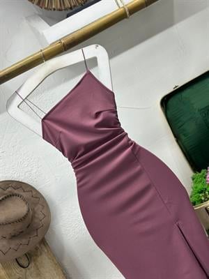 Crep Dokuma Kumaş Asimetrik Kesim Kalem Elbisemiz Gül Kurusu