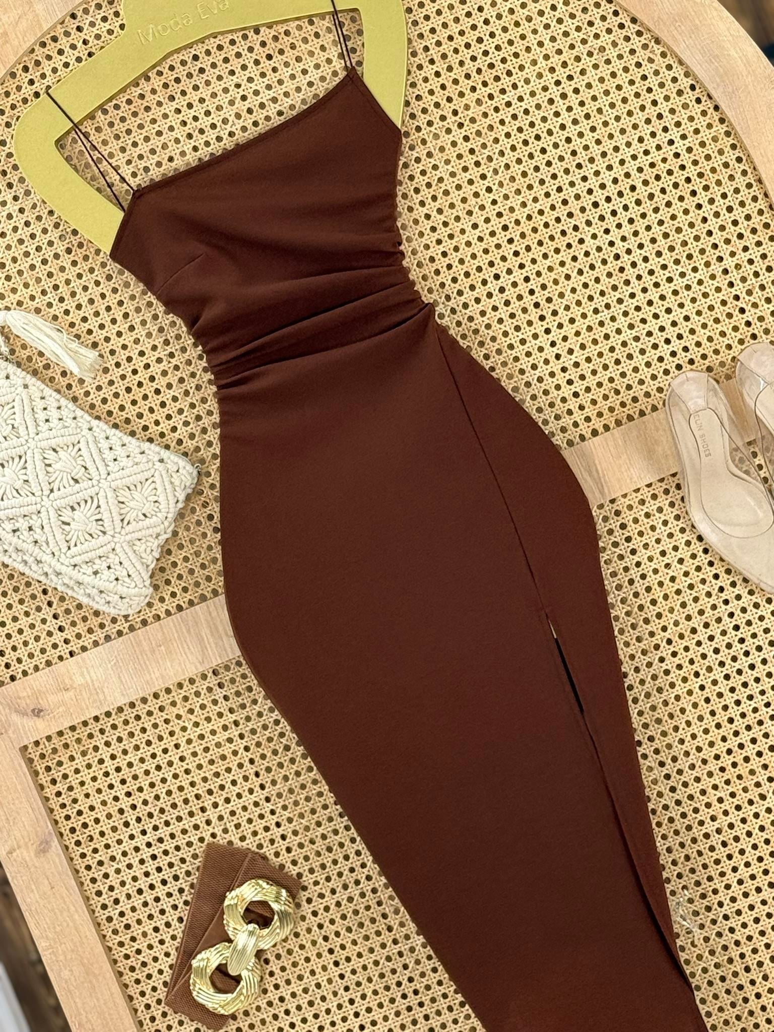 Crep Dokuma Kumaş Asimetrik Kesim Kalem Elbisemiz  Kahverengi
