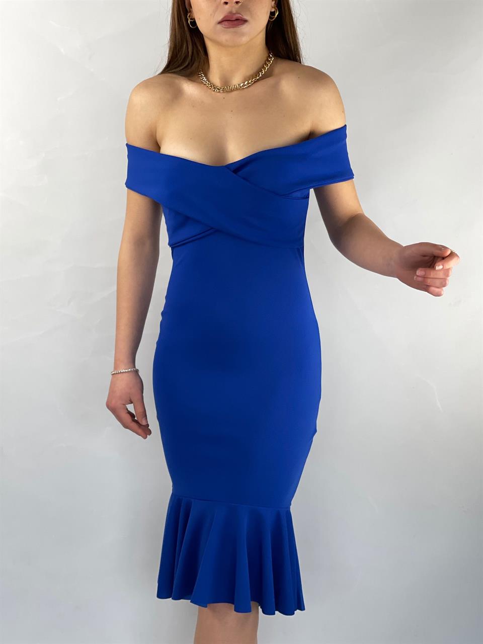 Crep Dokuma Kumaş Çapraz Yaka Full Likralı Eteği Volanlı Elbise