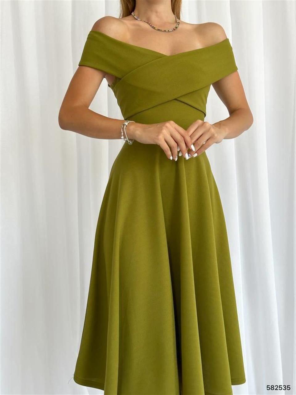 Crep Dokuma Kumaş Çapraz Yaka Midi Boy Elbise