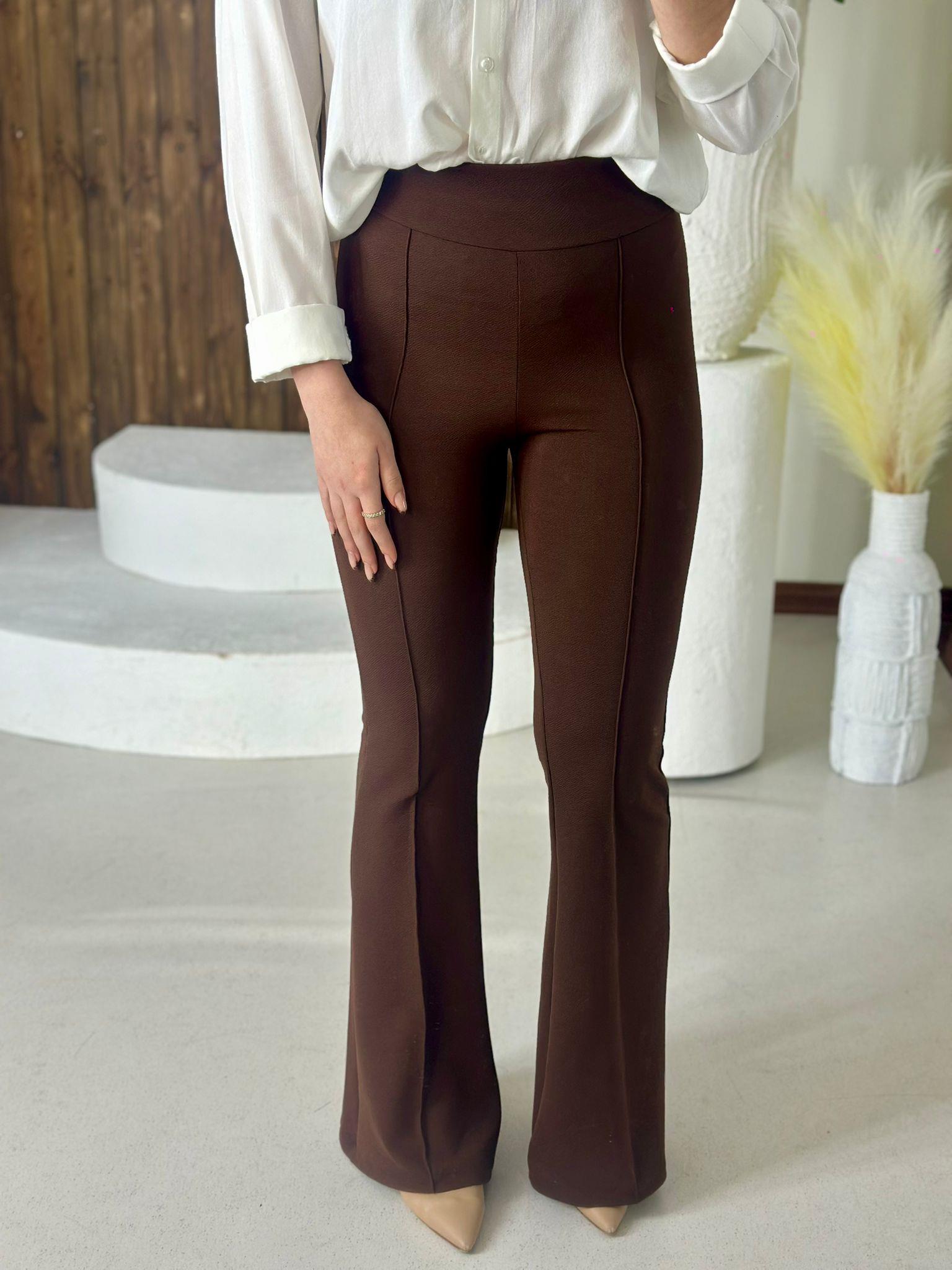 Crep Dokuma Kumaş Full likralı Çimalı İspanyol Paça Pantolon Kahverengi