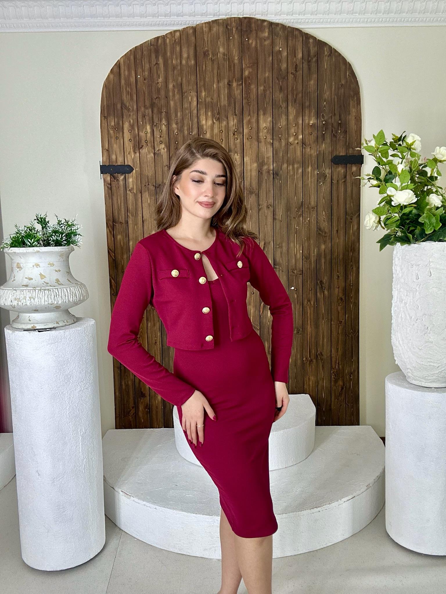 Crep Kumaş Askılı Elbise Düğme Detay Hırka İkili Takım Bordo