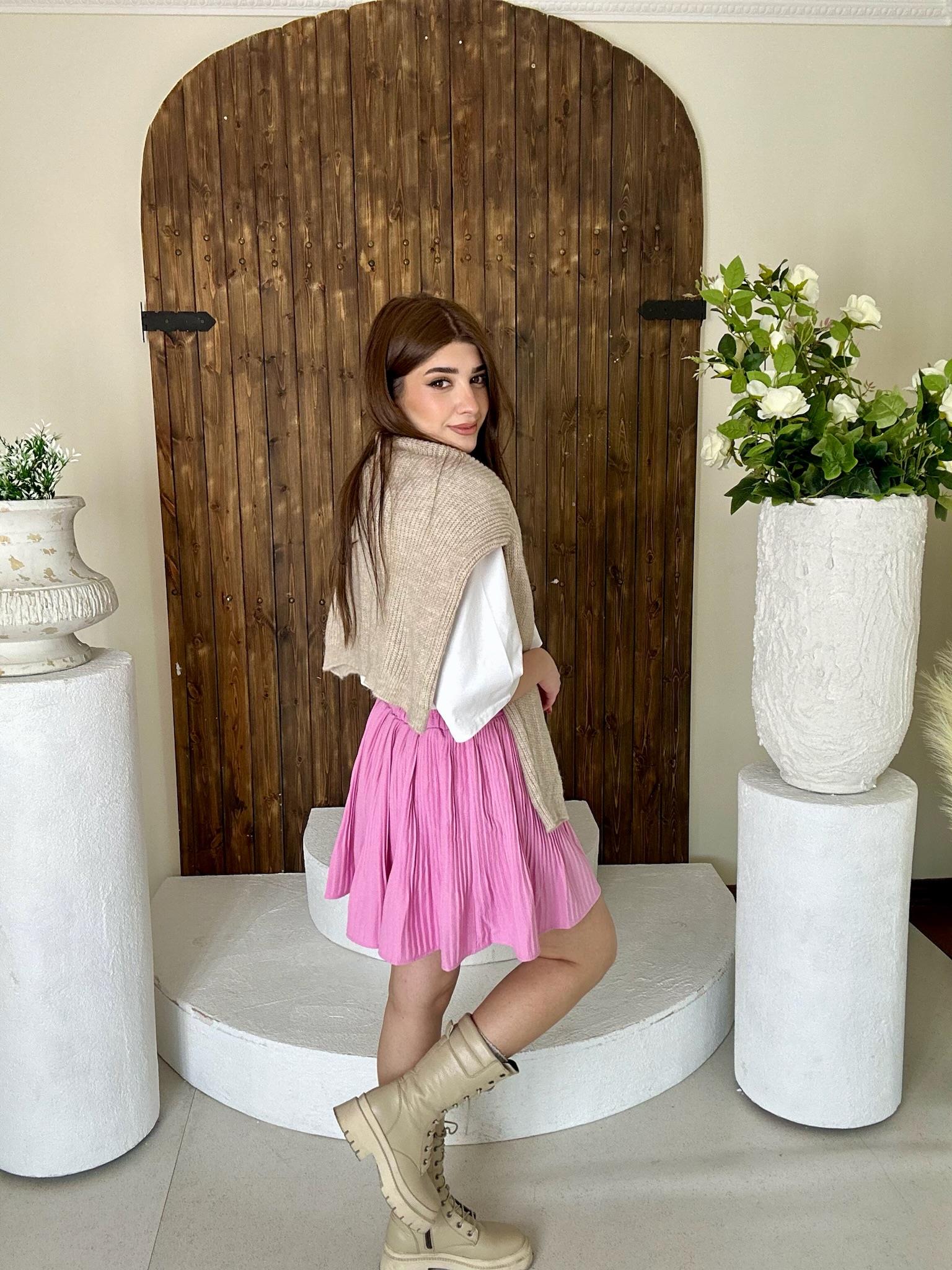 Crep Kumaş Pliseli Şort Etek Pembe