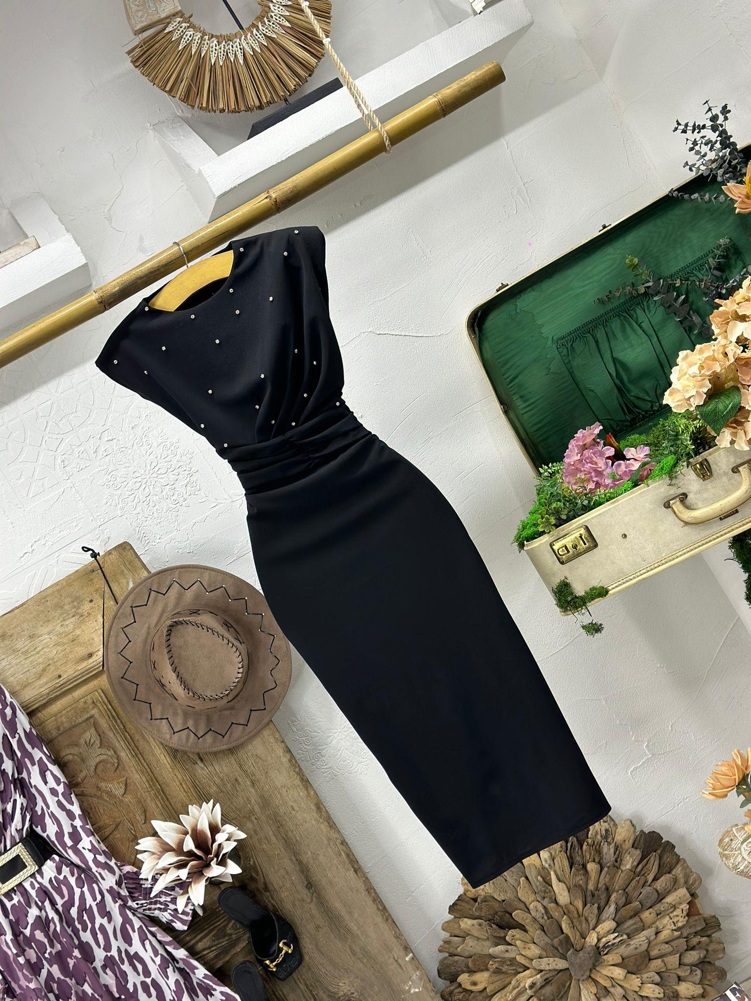 Dubble Kumaş Taş Dizayn Bel Detay Midi Boy Elbise