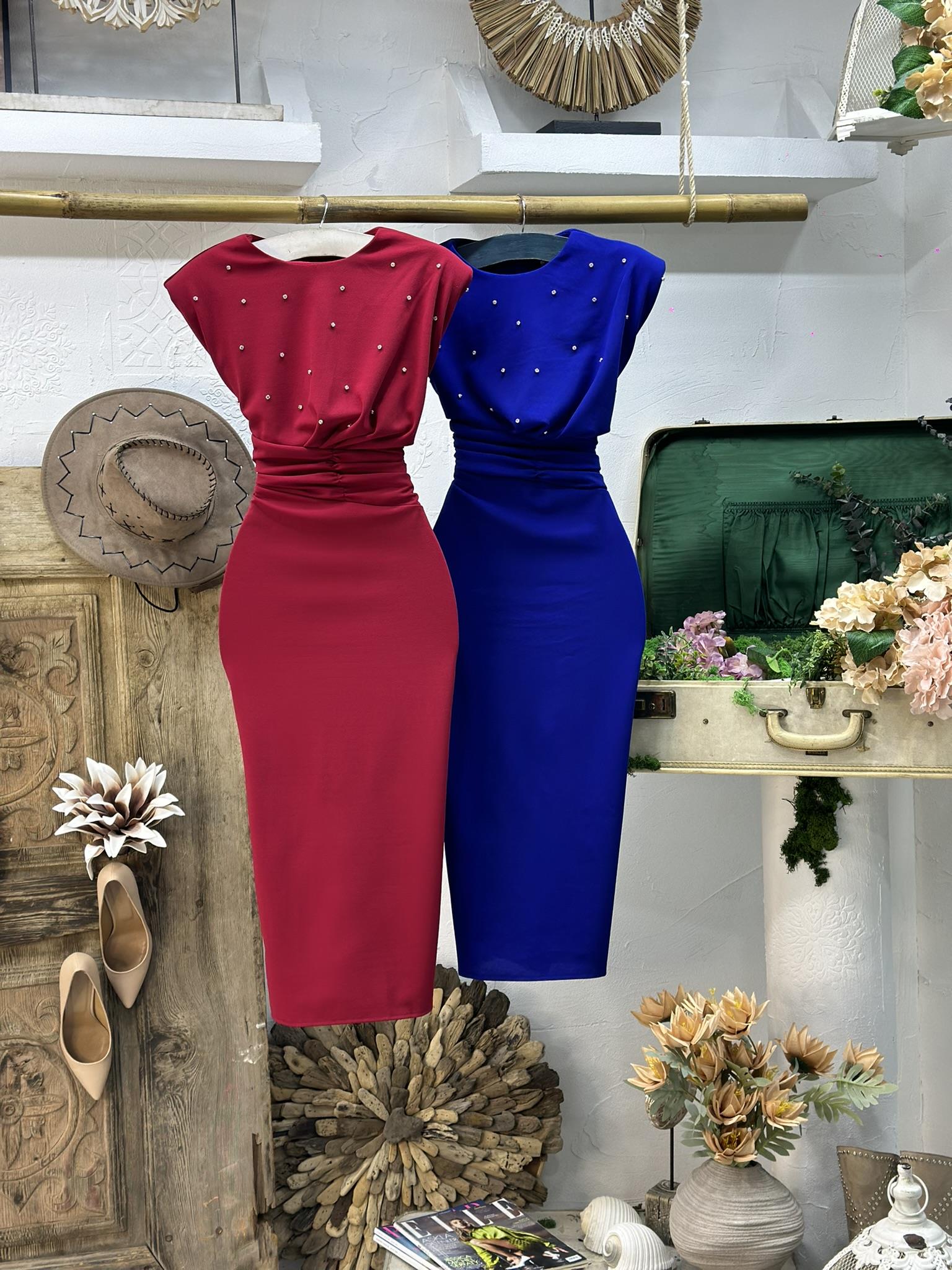 Dubble Kumaş Taş Dizayn Bel Detay Midi Boy Elbise