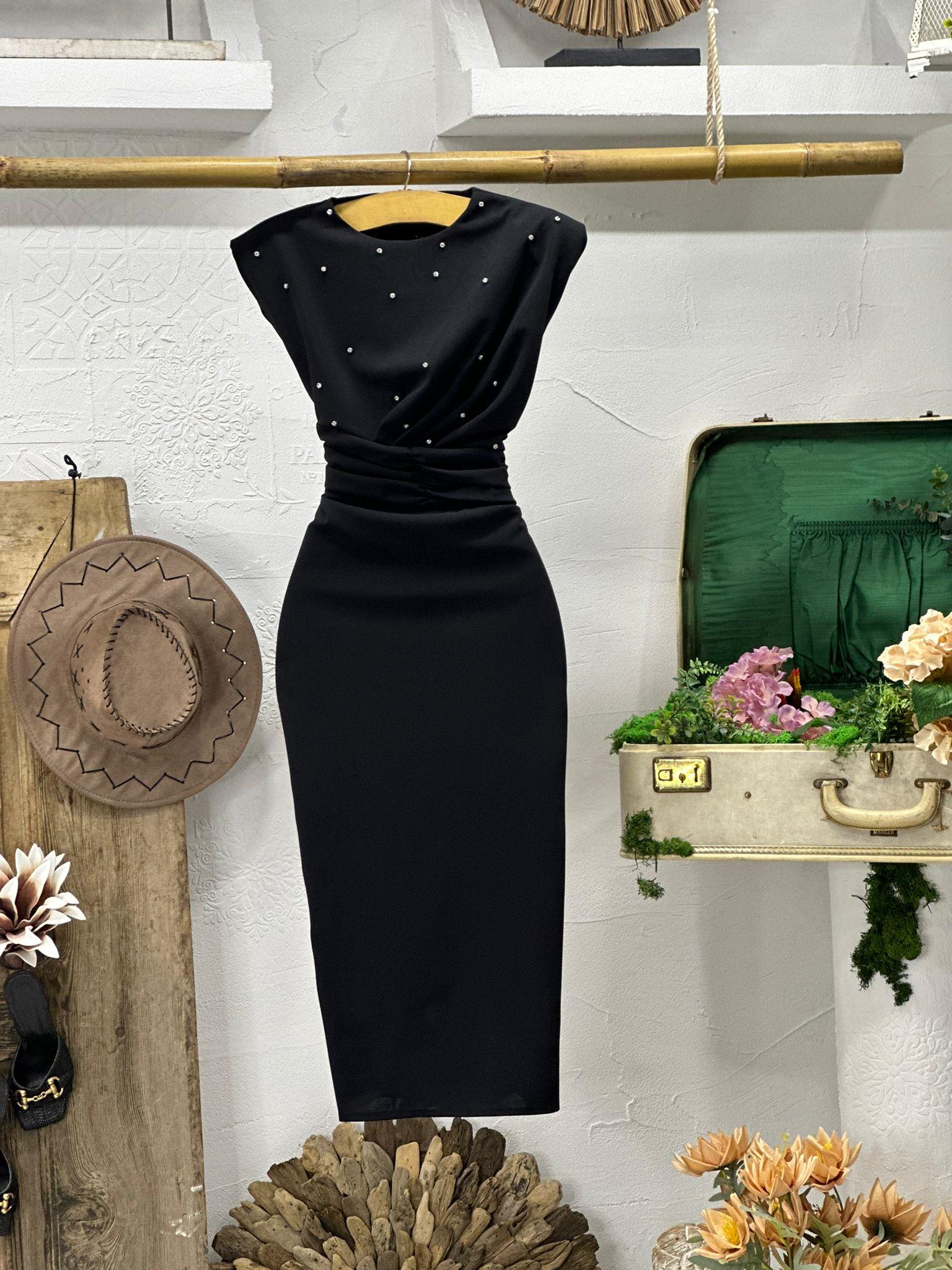 Dubble Kumaş Taş Dizayn Bel Detay Midi Boy Elbise