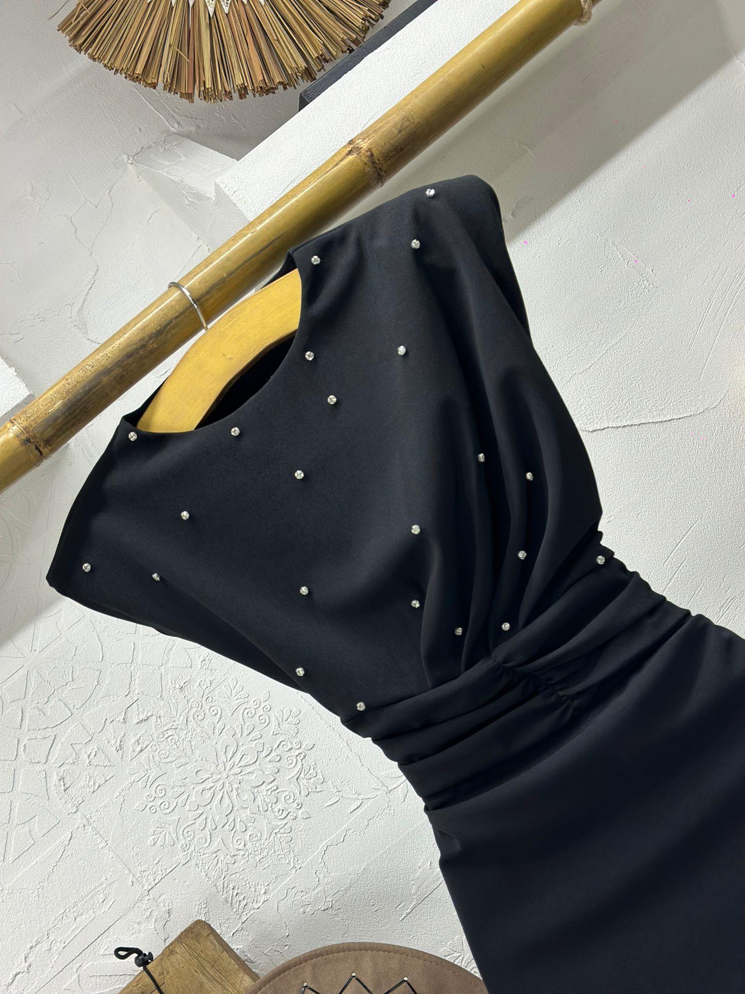 Dubble Kumaş Taş Dizayn Bel Detay Midi Boy Elbise