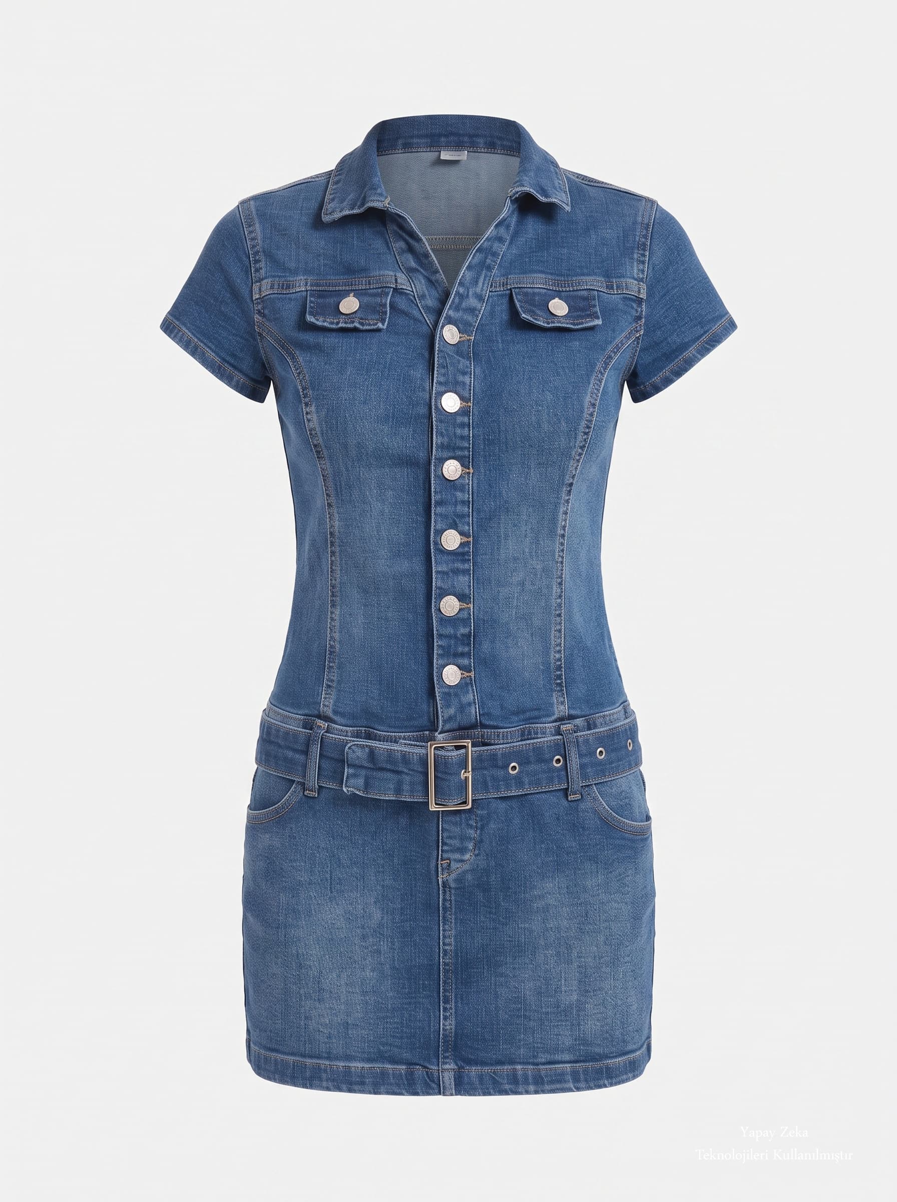 Düğmeli Eteği Kemer Detaylı Mini Jean Elbise