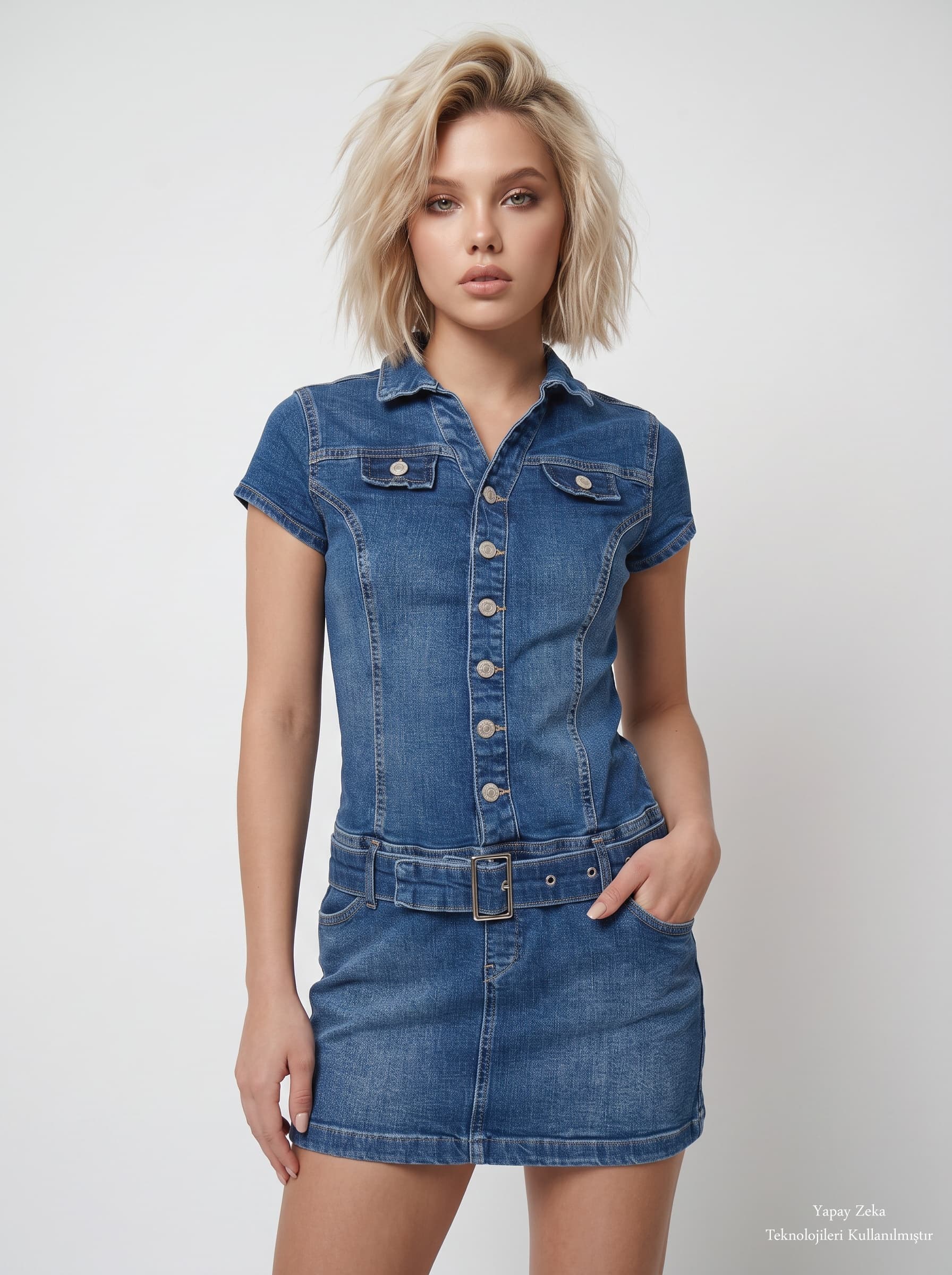 Düğmeli Eteği Kemer Detaylı Mini Jean Elbise