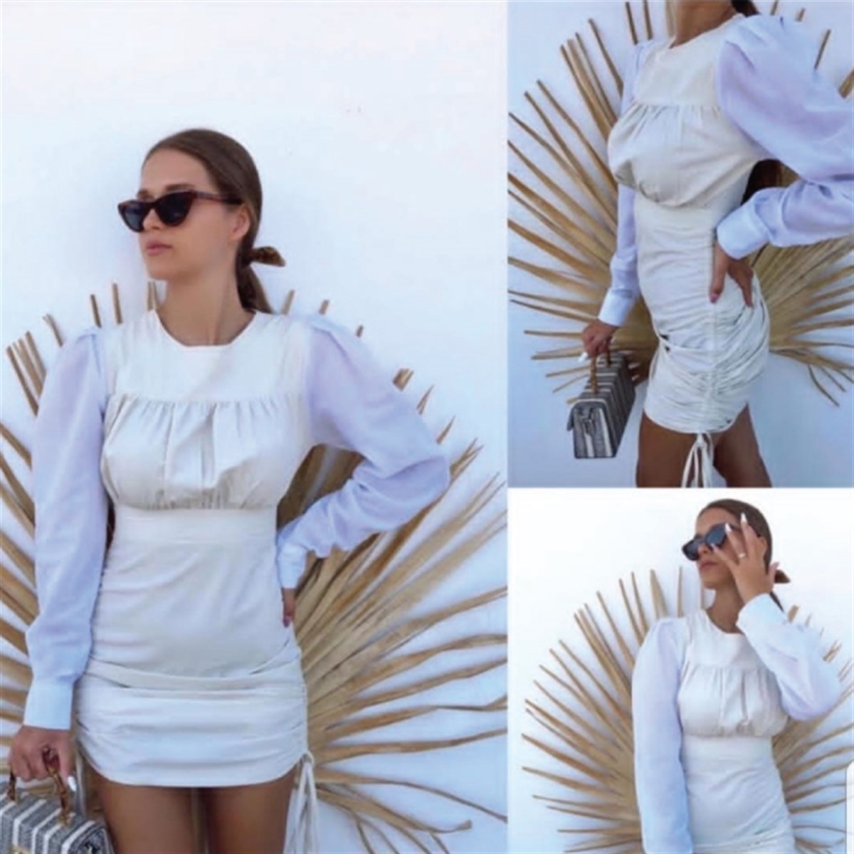 ETEĞİ BÜZGÜLÜ KOL DETAY ELBİSE