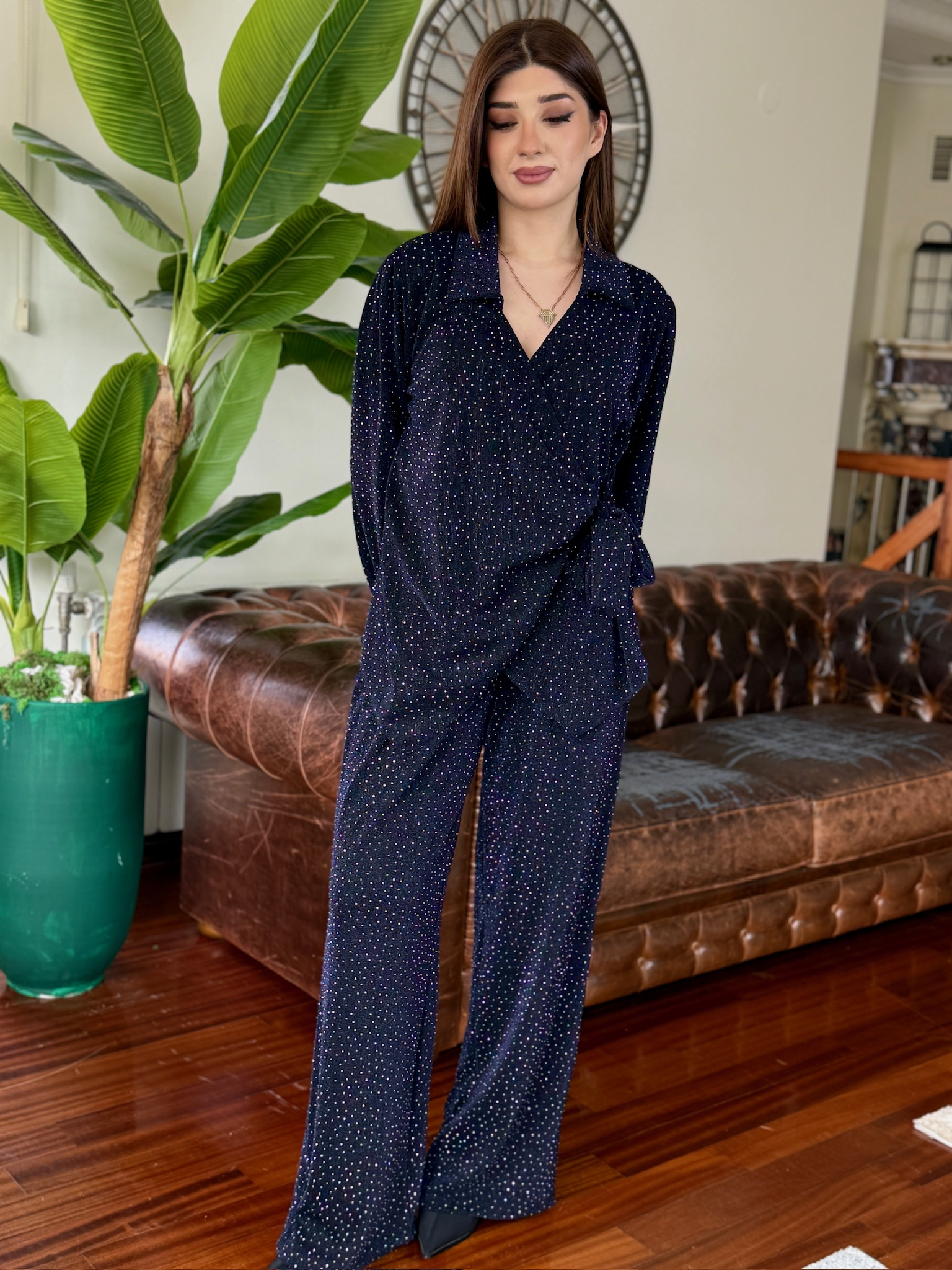 Fcuro Kumaş Serpme Taşlı Gömleği Bağlamalı İkili Takım