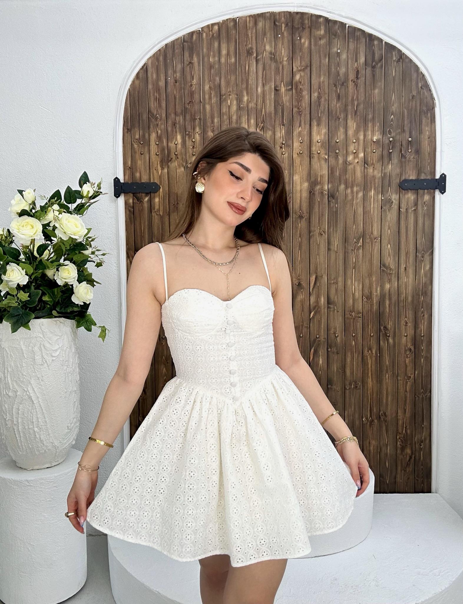 Fisto Vual Kumaş Kaplama Düğmeli Büzgü Etekli Tasarım Elbise 