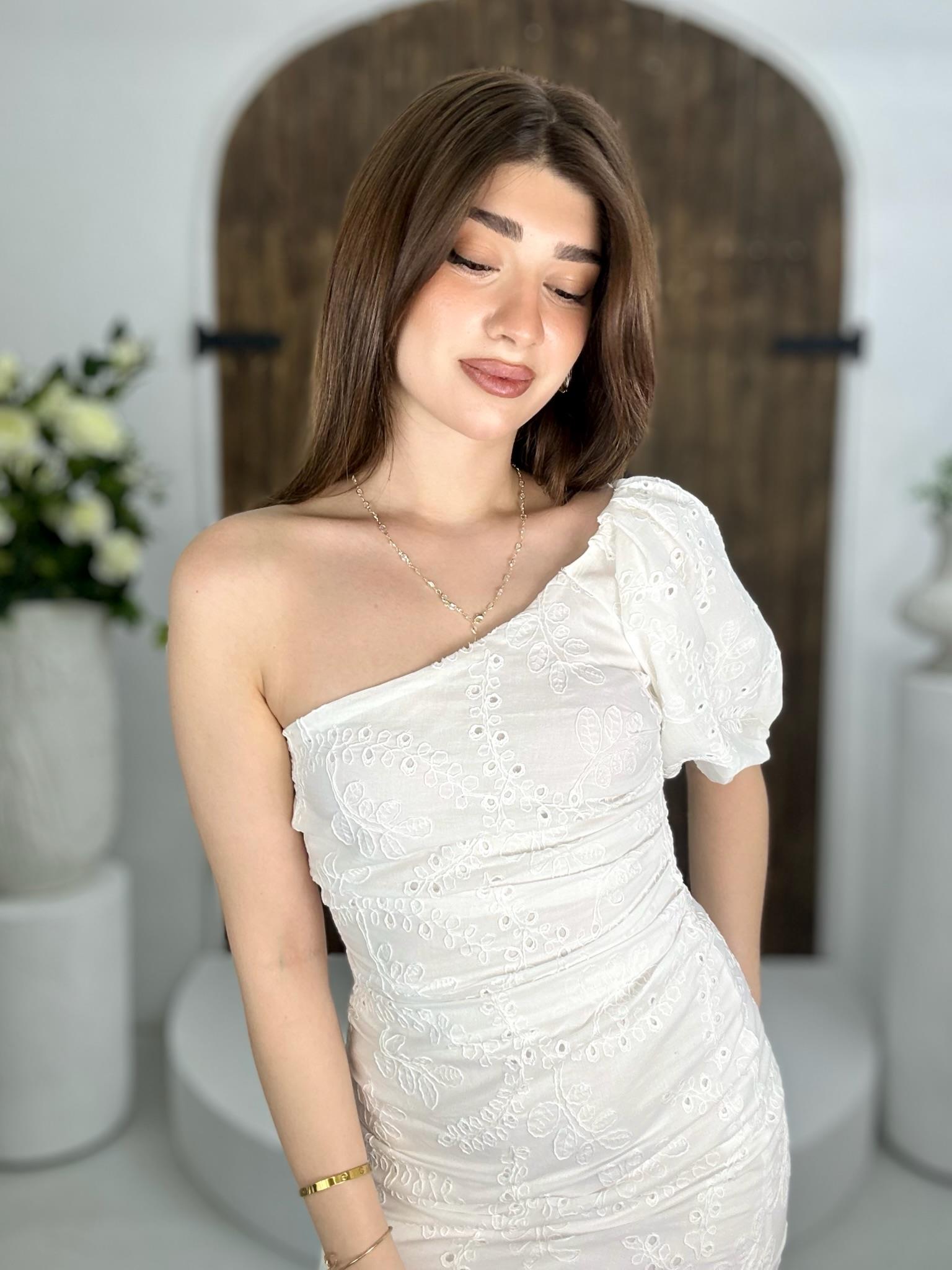 Fisto Vual Kumaş Tek Kol Beyaz Tasarım Elbise 