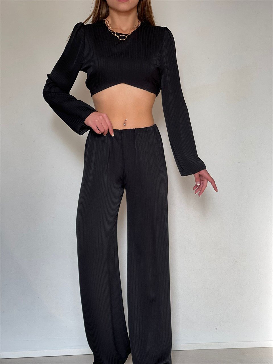 Fitilli Crep Kumaş Beli Lastikli Pantolon Crop İkili Takım 