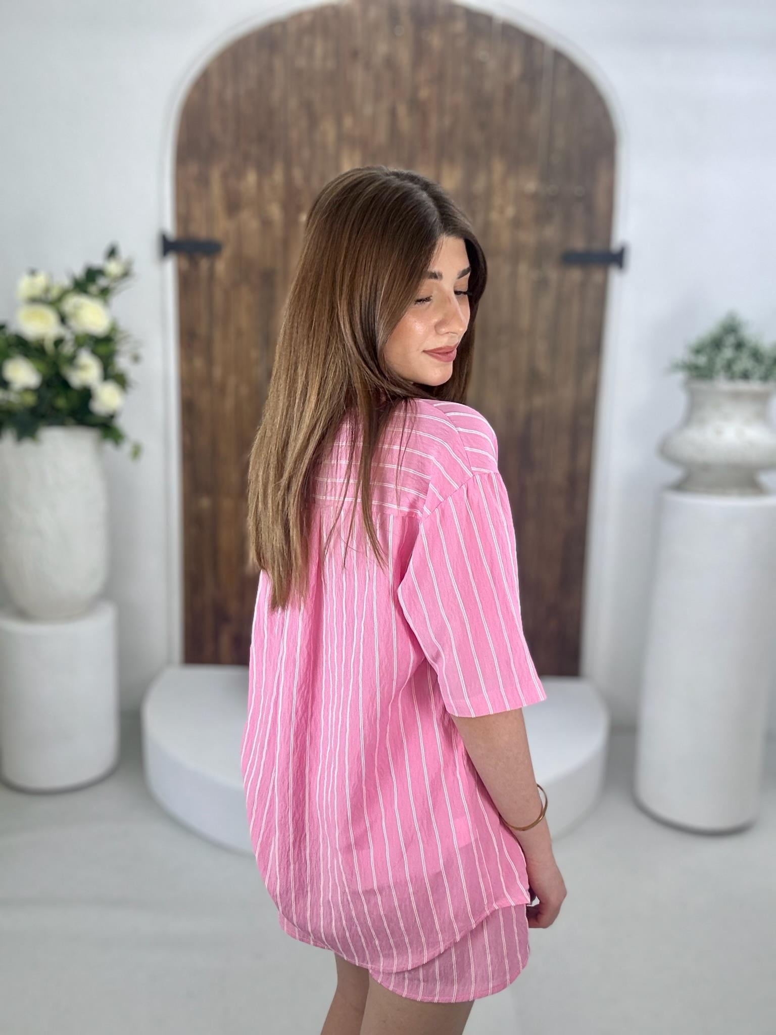 Flam Keten Kumaş Çizgi Desen Gömlek Şort İkili Takım Pembe
