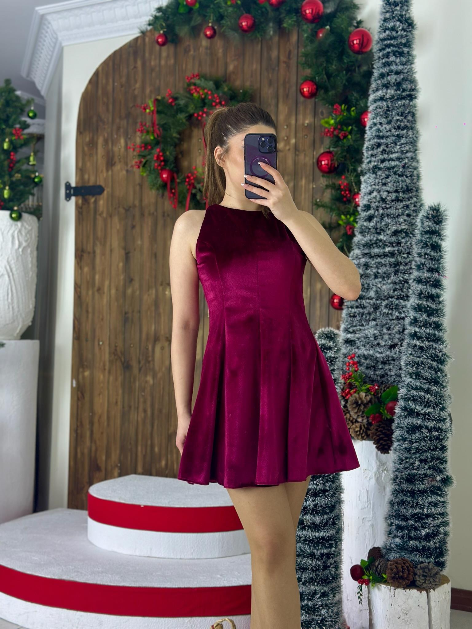 Fransız Kadife Kumaş Tasarım Elbise Bordo