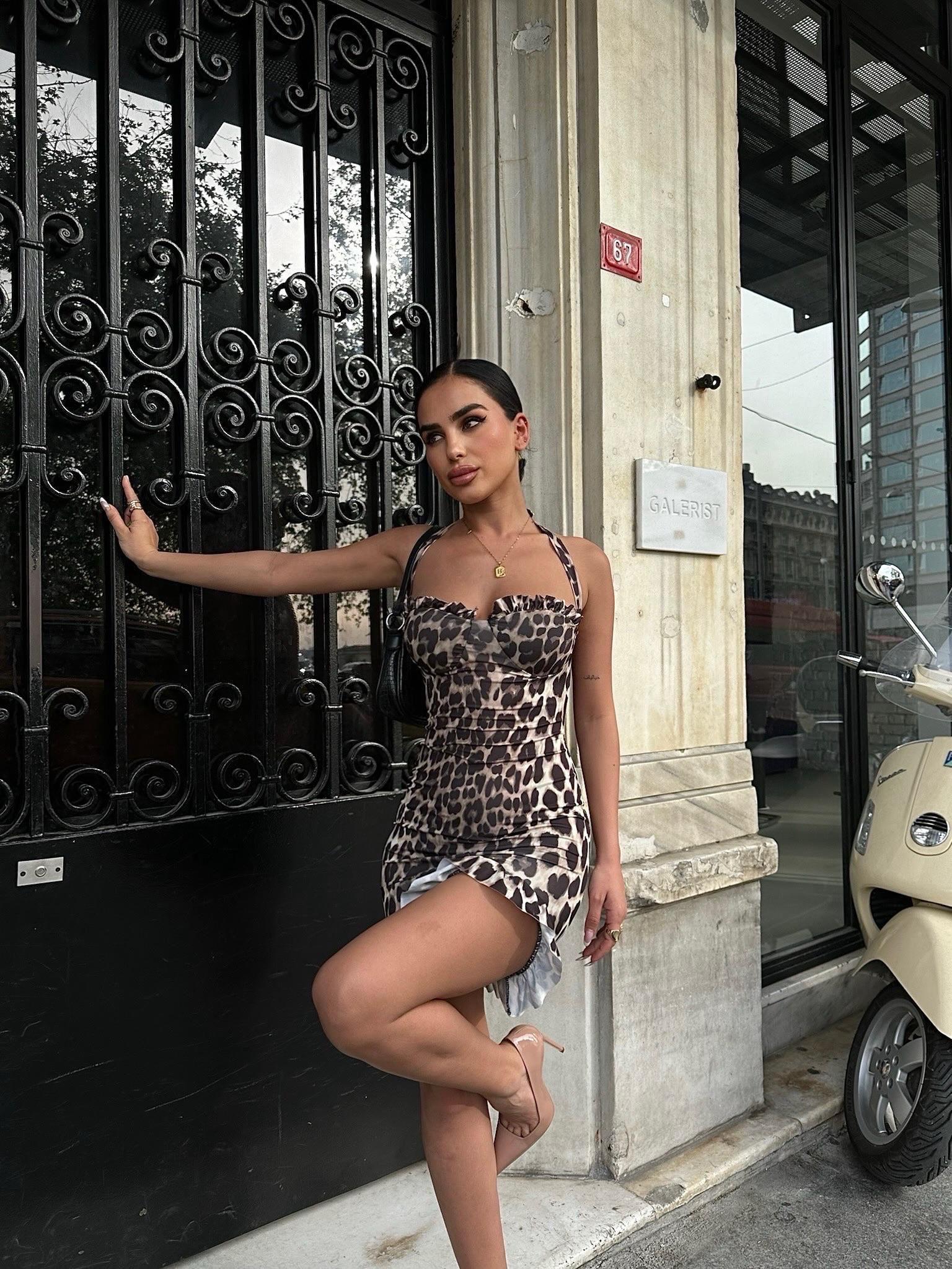 Full Likralı Micro Kumaş Toparlayıcı  Leopar Desen Elbise