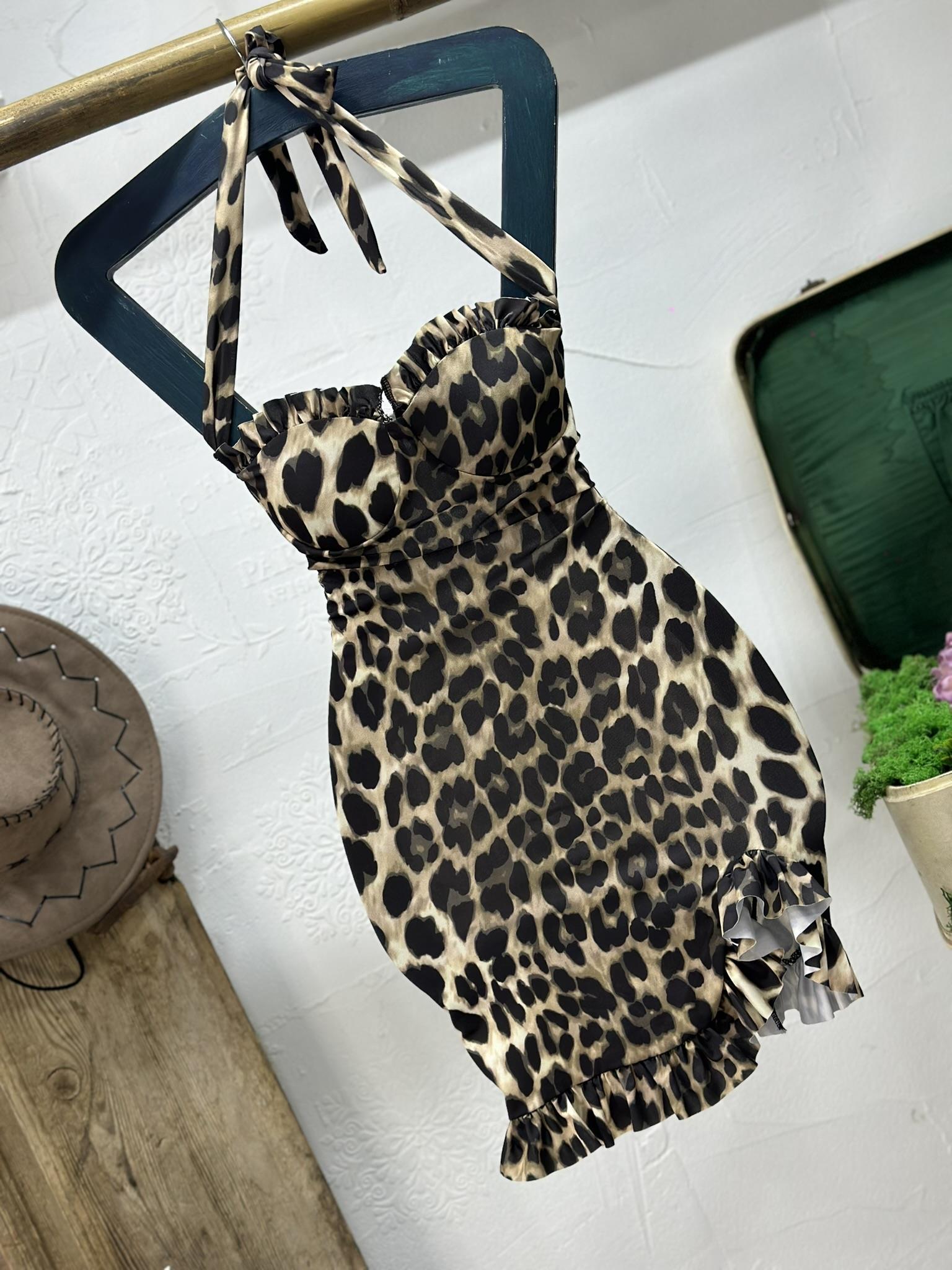 Full Likralı Micro Kumaş Toparlayıcı  Leopar Desen Elbise