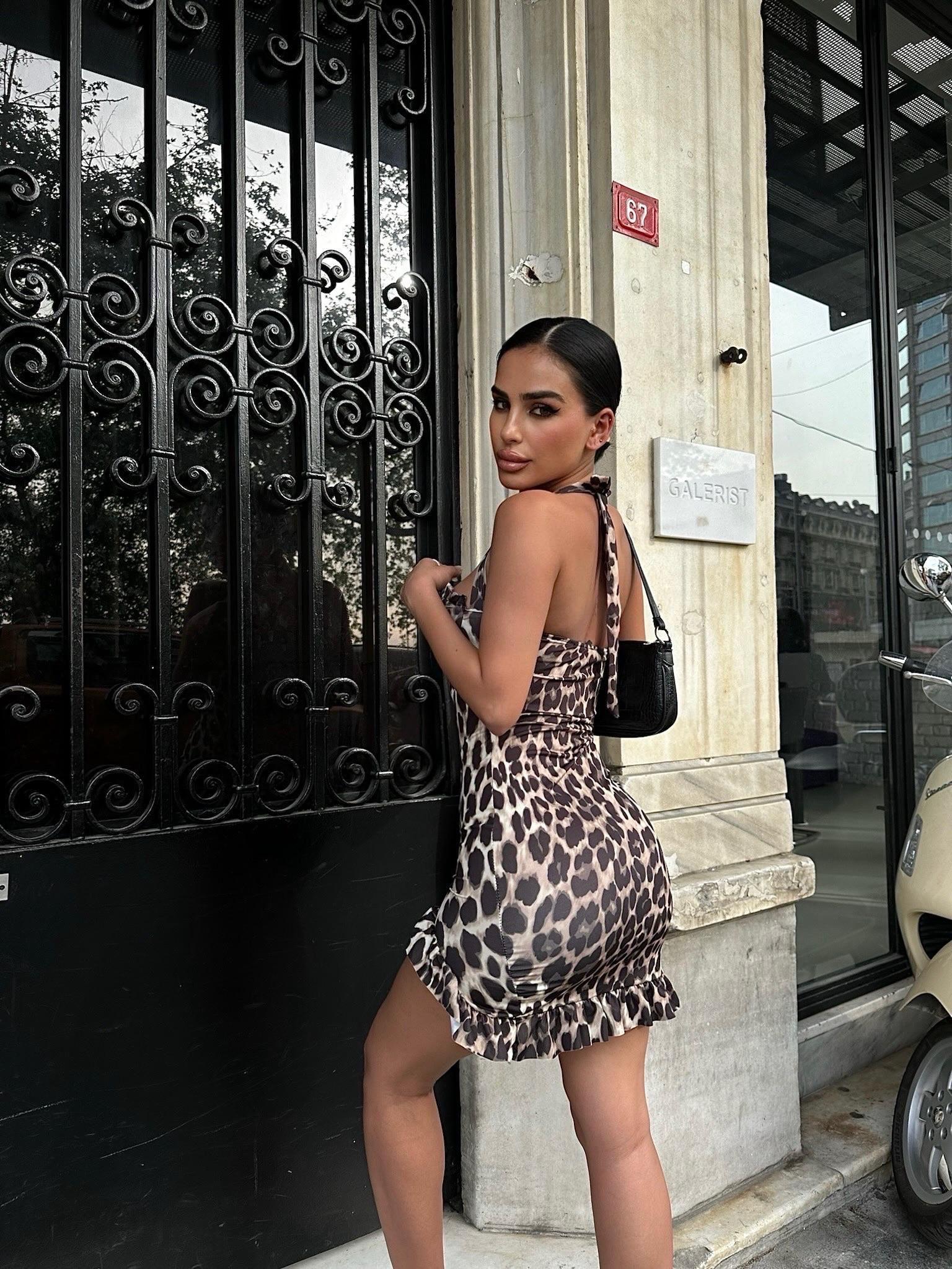 Full Likralı Micro Kumaş Toparlayıcı  Leopar Desen Elbise